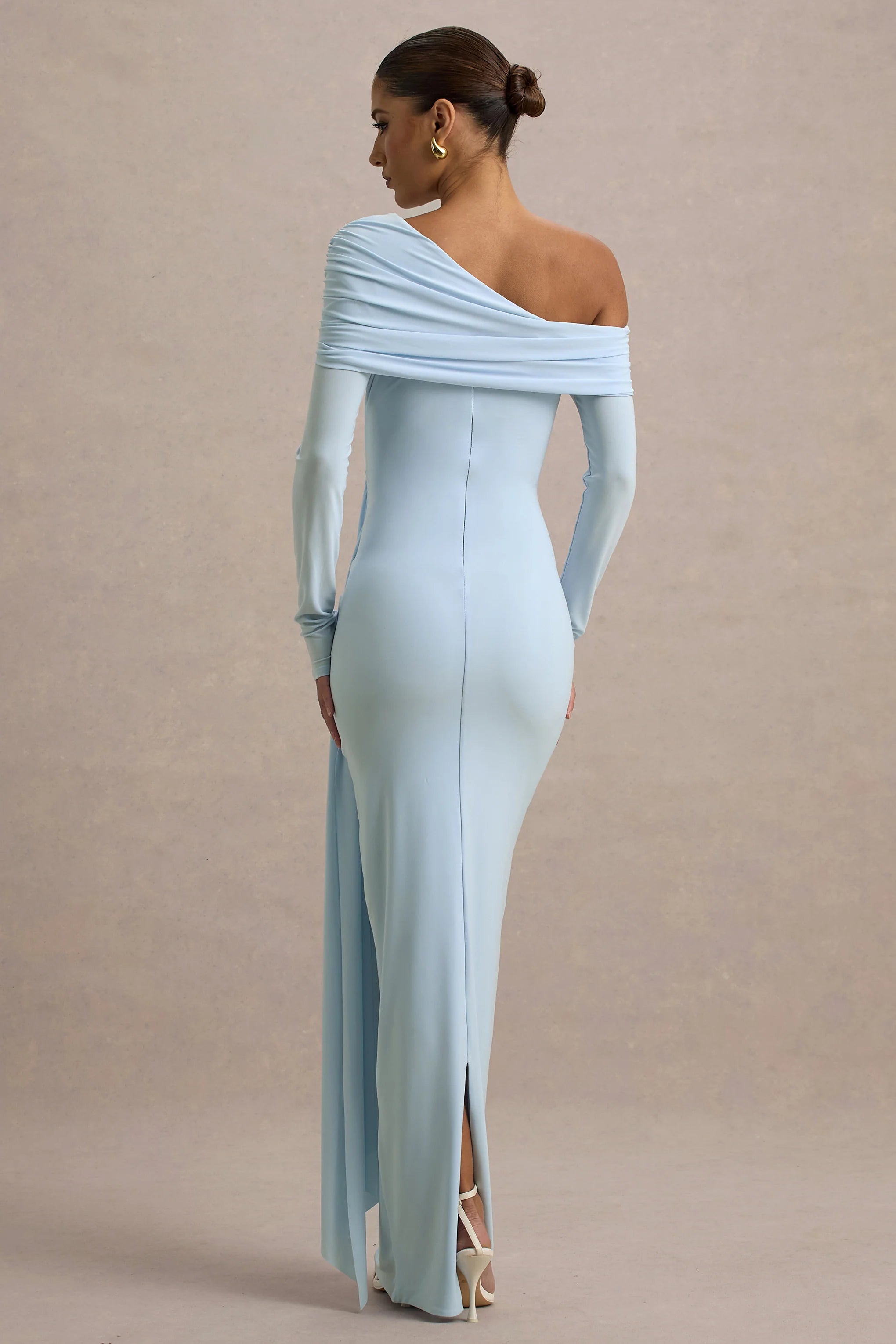 Valina Powder Blue Ruched Asymmetric Maxi Dress With Drape