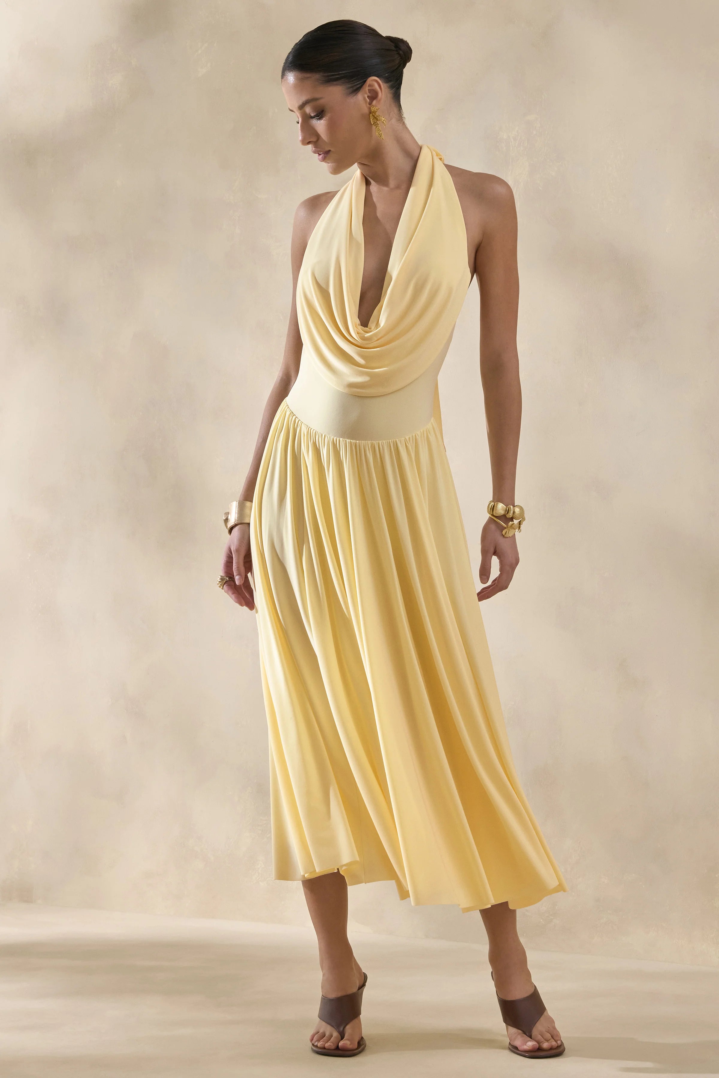 Veyra Lemon Plunge Cowl Neck Midi Dress