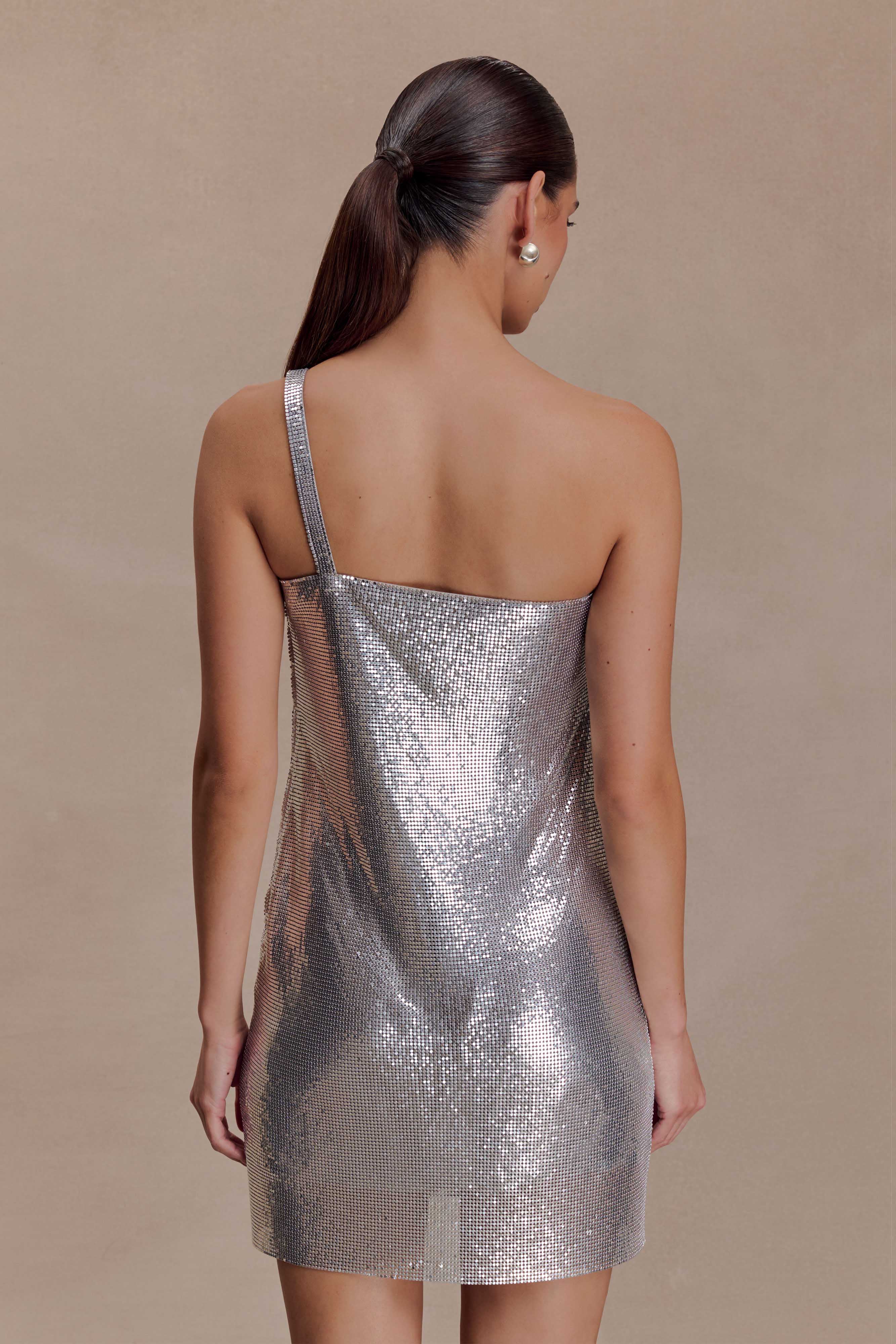 Lyle One Shoulder Glow Mesh Mini Dress Silver