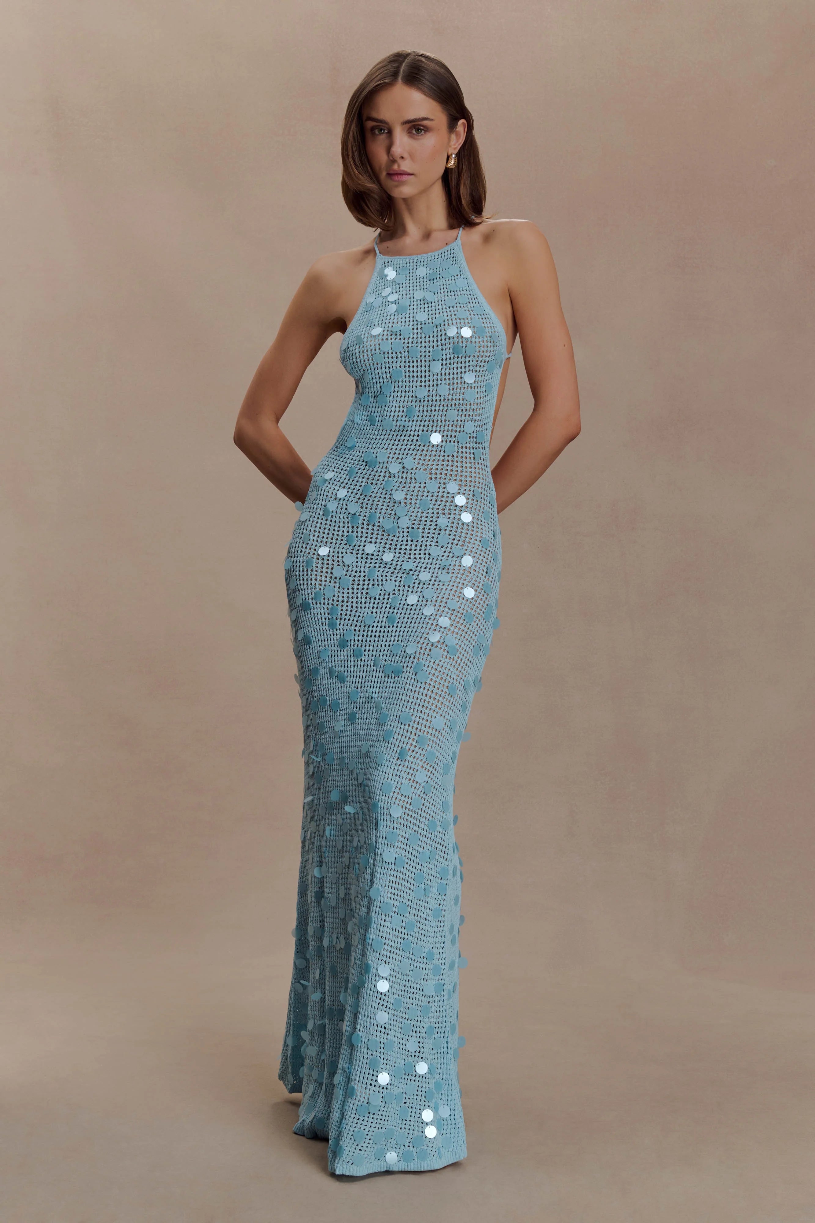Carmen Crochet Sequin Maxi Open Back Dress Blue