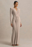 Flashy Champagne Plunge Neck Maxi Dress With Ruched Detailing