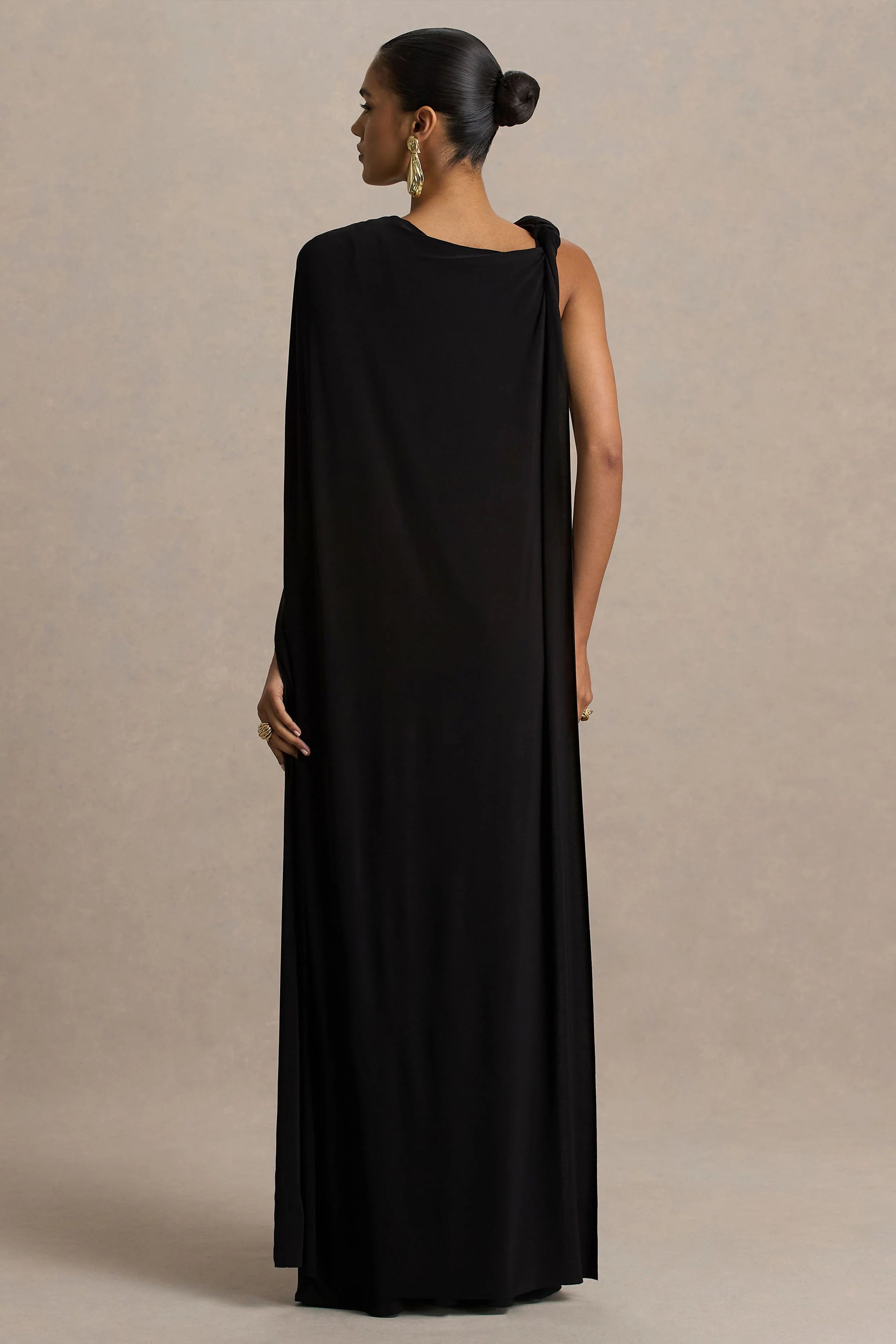 Cressida Black Asymmetric Neck Maxi Dress With Cape And Gold Detail
