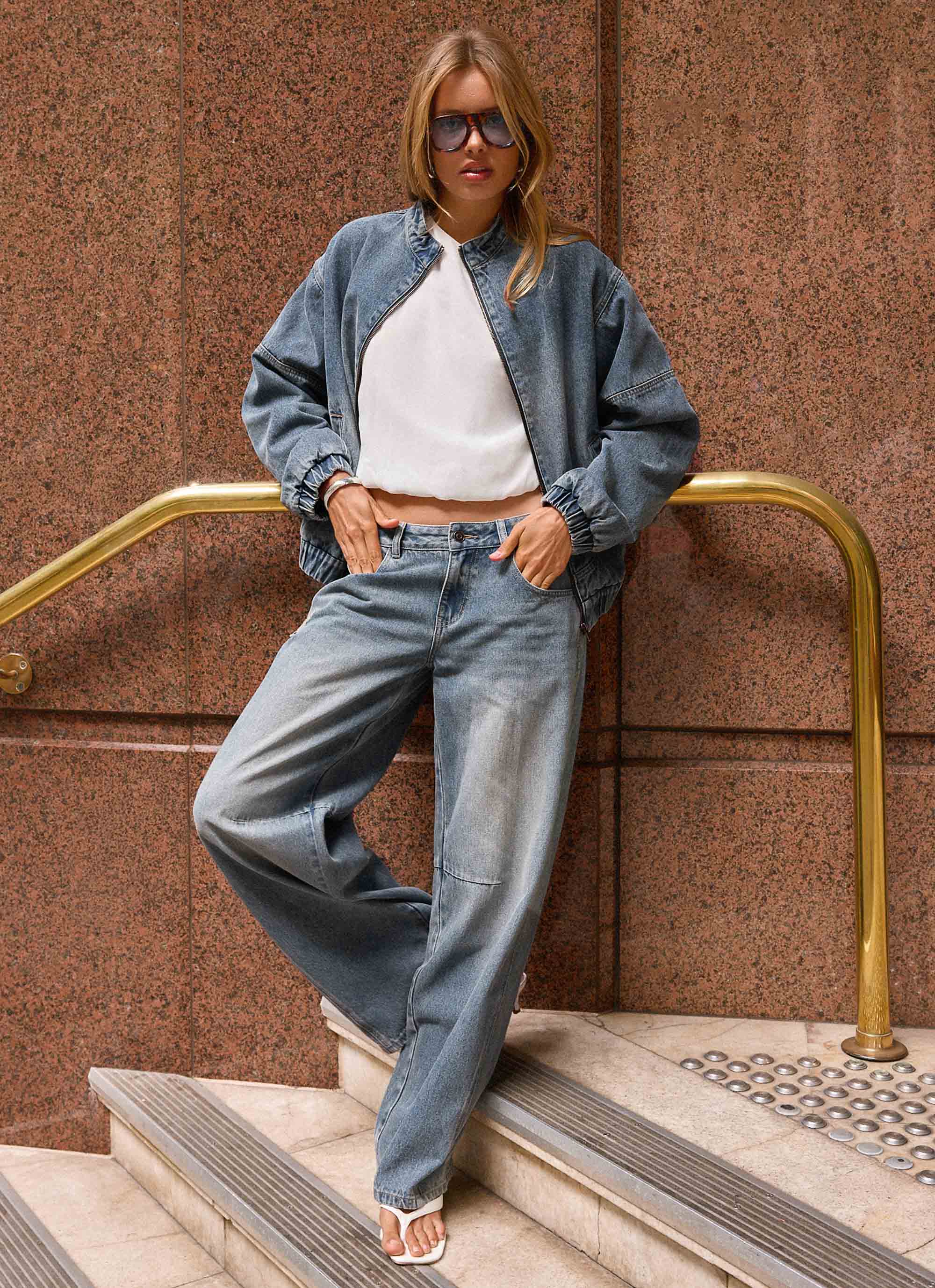 Waylon Denim Bomber Jacket Mid Wash Blue