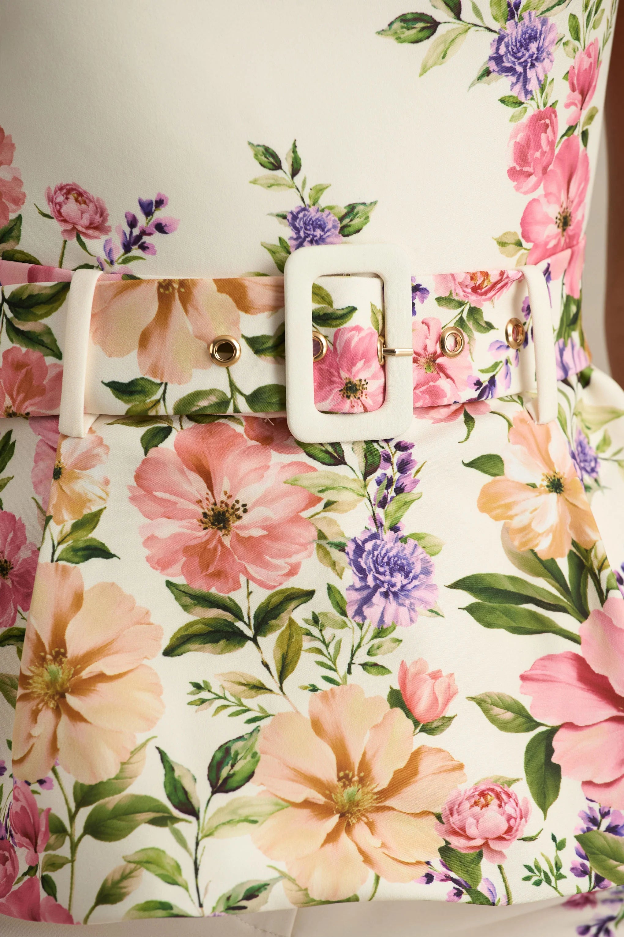Maud White Floral Border Print Square Neck Tailored Top