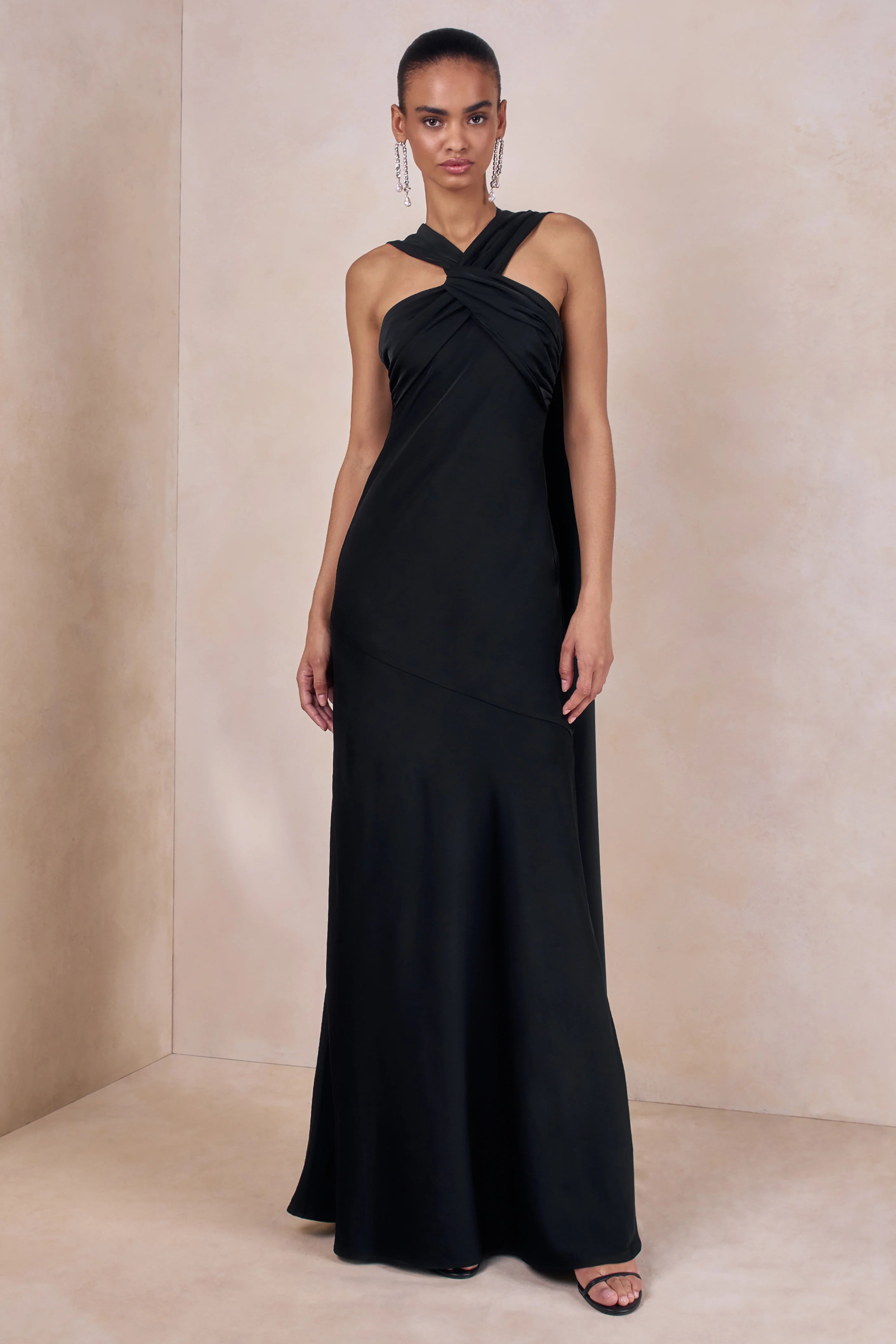 Sloane Black Matte Satin Halter Neck Maxi Dress With Cape