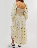 Women Floral Embroidered Maxi Dress Long Puff Sleeve Square Neck Bohemian Flowy Dress with Pockets Summer Fall