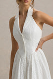 Jezebel White Lace Plunge Neck Collared Midi Dress