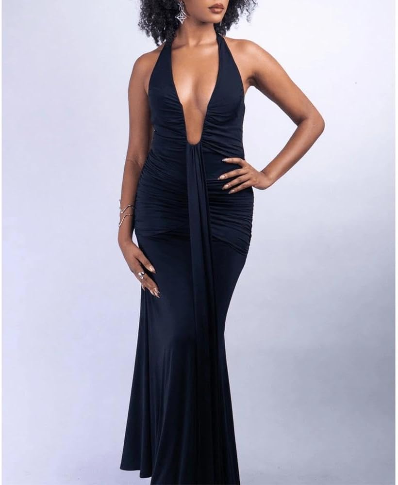 Women Deep V Neck Ruched Maxi Dress Sleeveless Halter Gown Cocktail Evening Formal Dresses