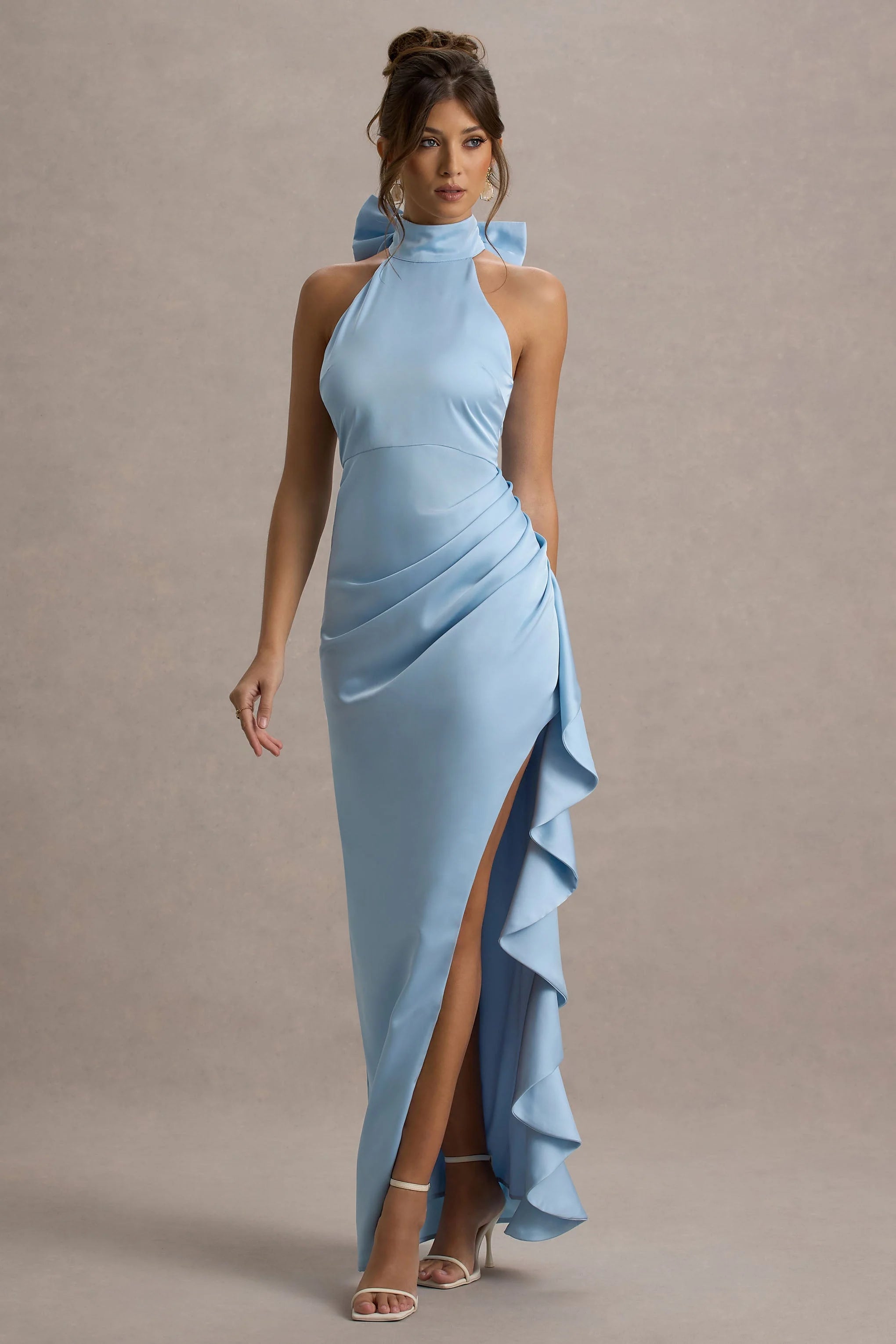 Maureen Powder Blue Satin High Neck Draped Maxi Dress
