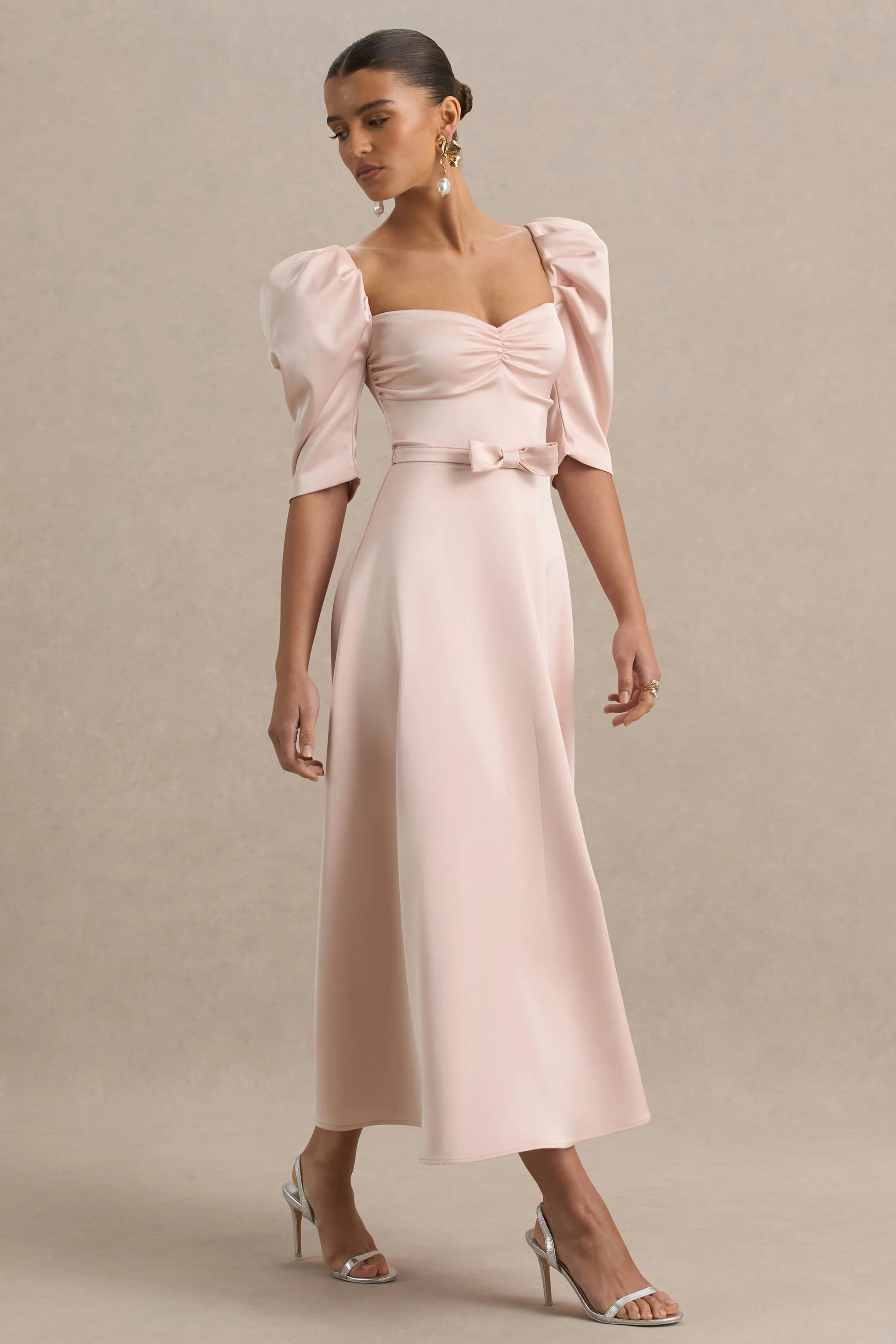 Rosey Pale Pink Satin Sweetheart Midi Dress