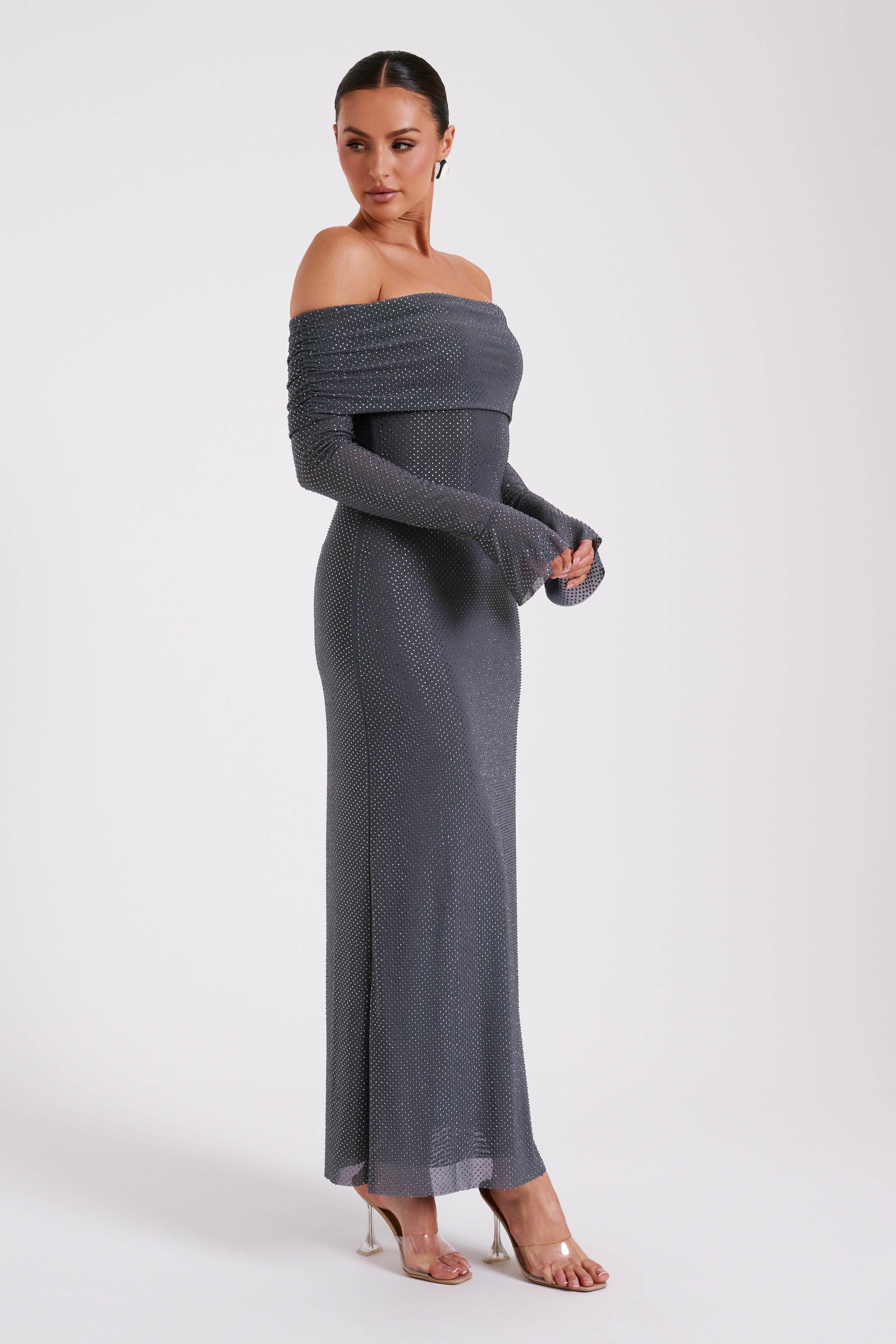 Marcel Off Shoulder Diamante Maxi Dress Gunmetal