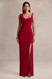 Vesperelle Red Scoop Neck Maxi Dress With Gathered Detailing