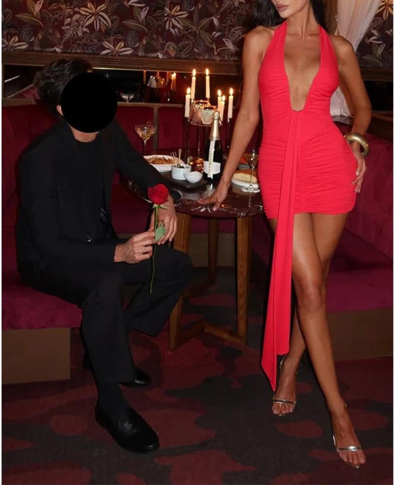 Women Deep V Neck Ruched Mini Dresses Backless Halter Dress Party Club Night