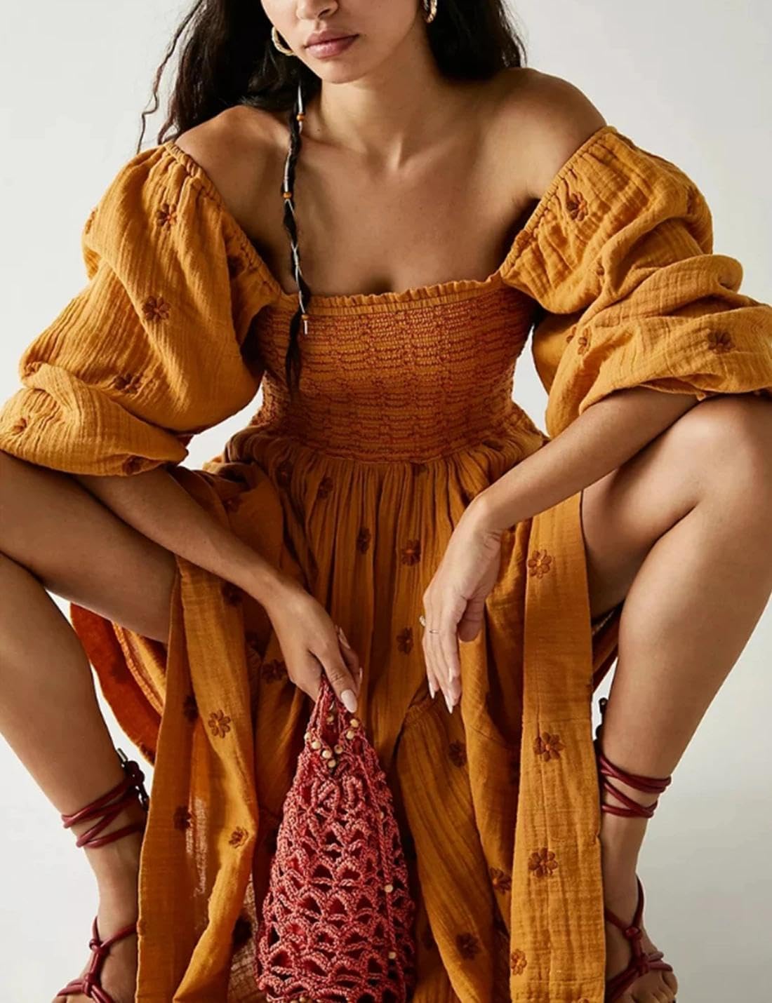 Women Floral Embroidered Maxi Dress Long Puff Sleeve Square Neck Bohemian Flowy Dress with Pockets Summer Fall