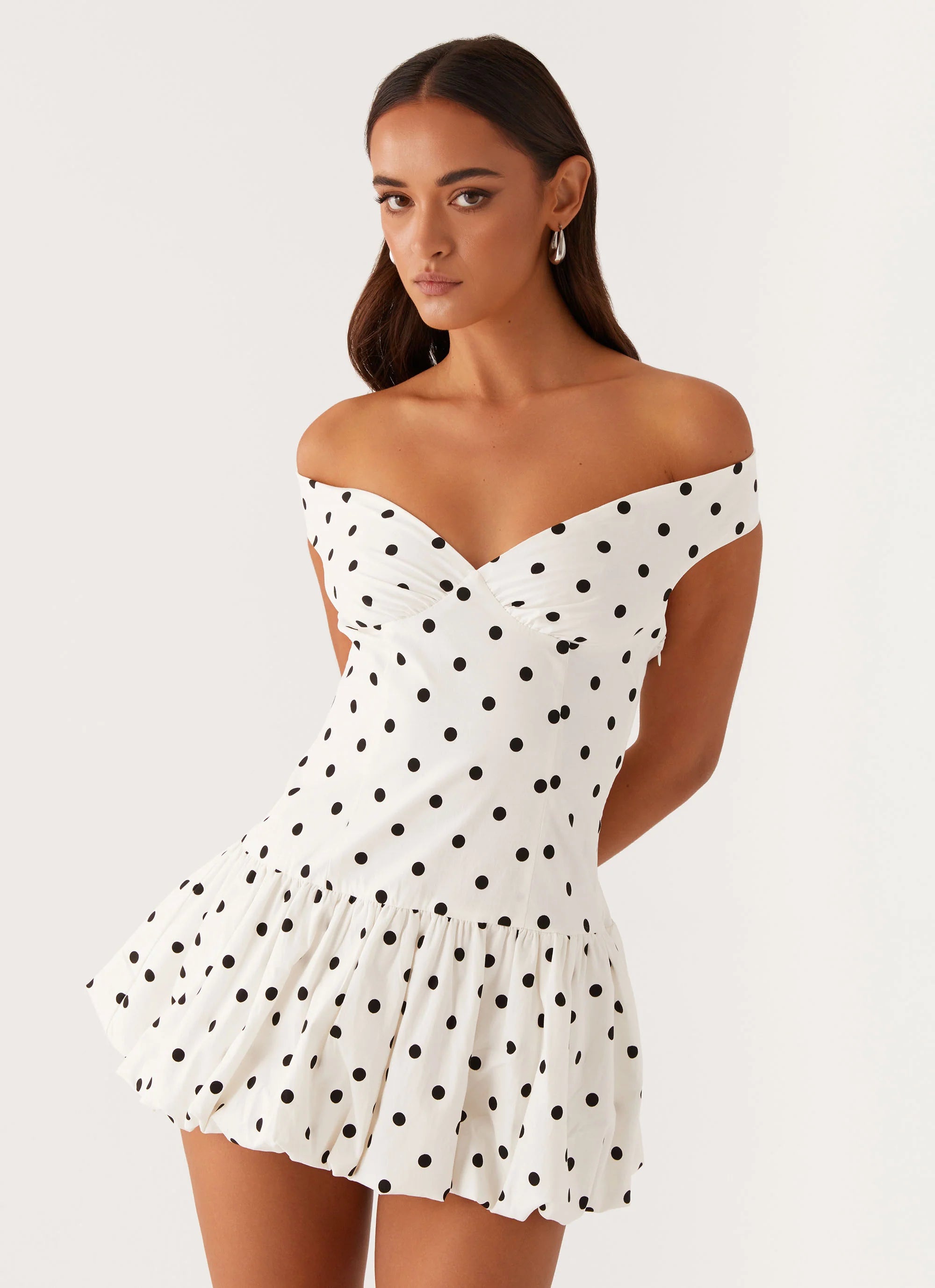 Endless Romance Off Shoulder Mini Dress White Polka Dot