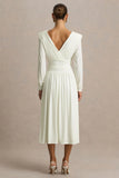 Alexis Cream Plunge Neck Midi Dress With Draped And Ruched Detailing