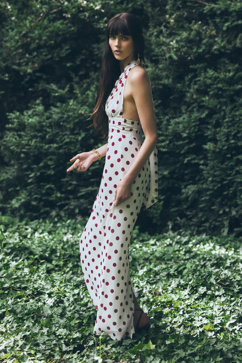 Nadine Halter Chiffon Maxi Dress Ivory Merlot Polka Dot