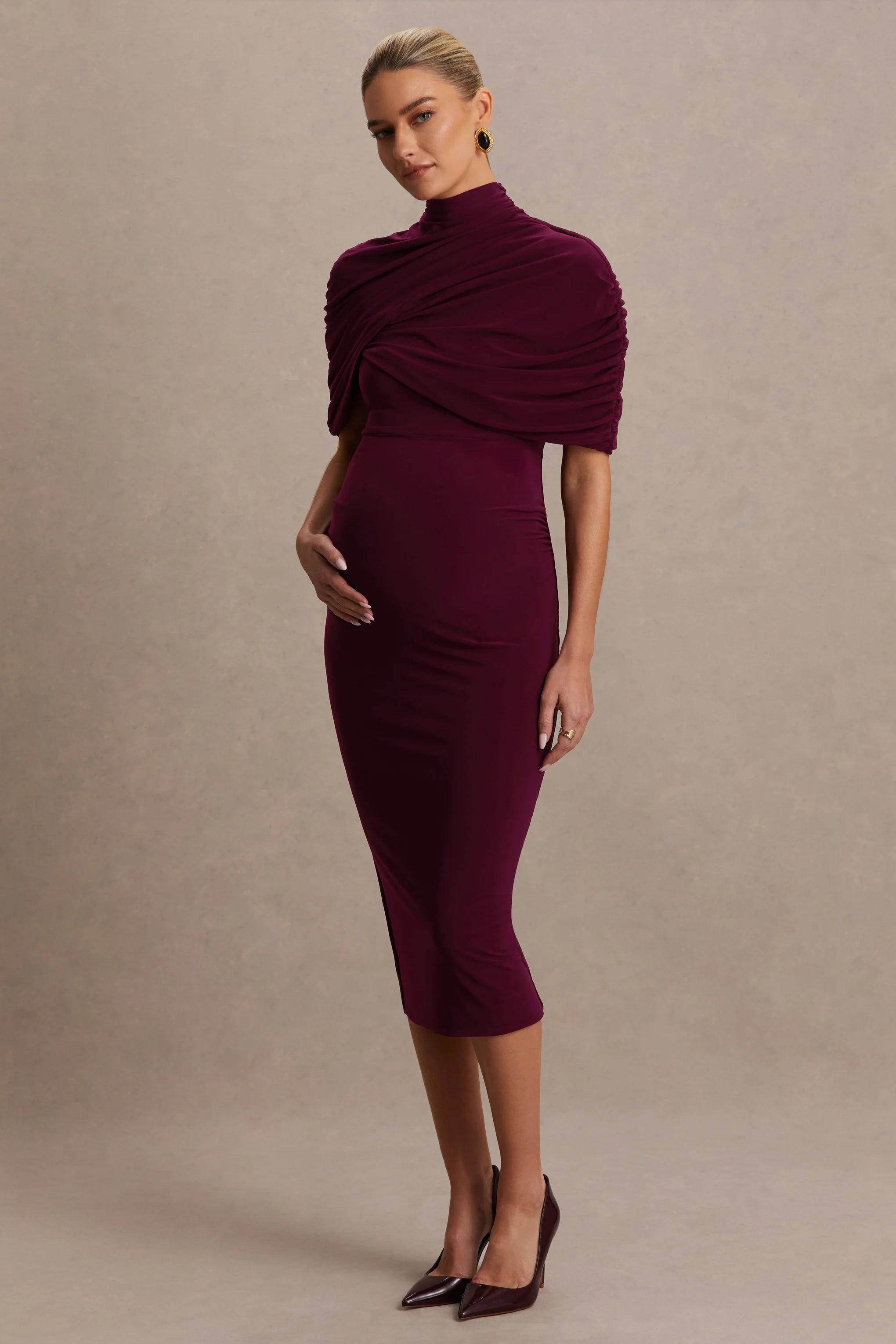 Augustina Burgundy Maternity Midi Dress With Cape