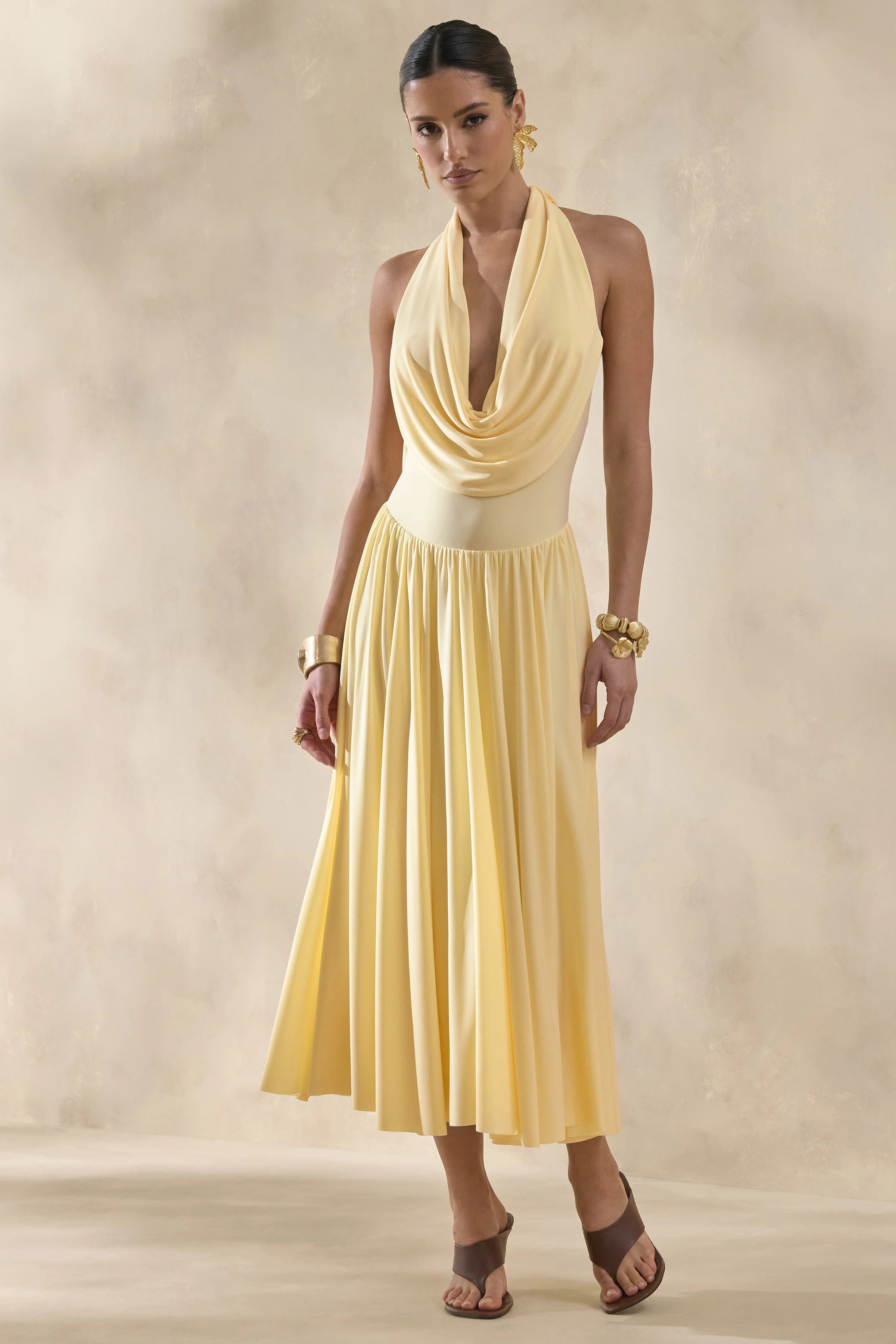 Veyra Lemon Plunge Cowl Neck Midi Dress