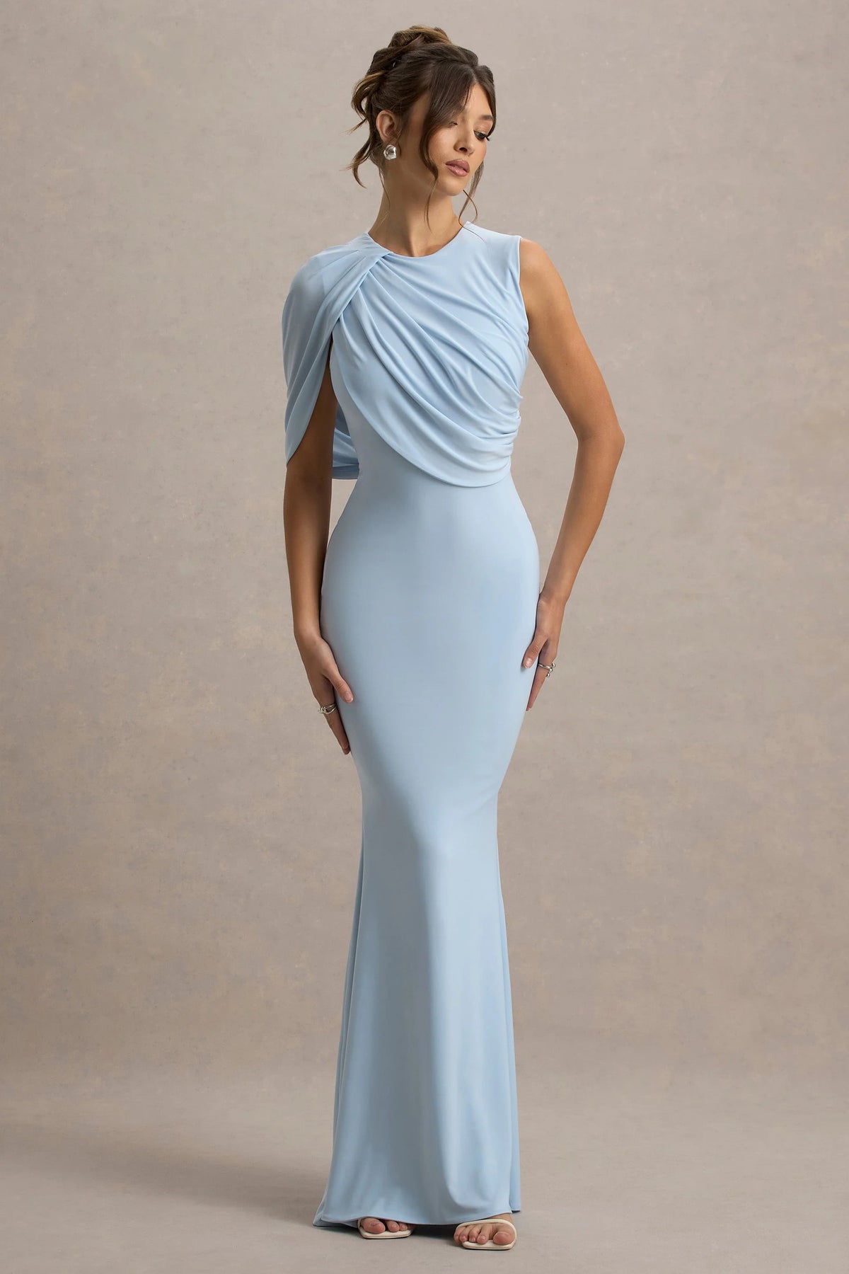 Rae Powder Blue Maxi Dress With One Sleeve Cape