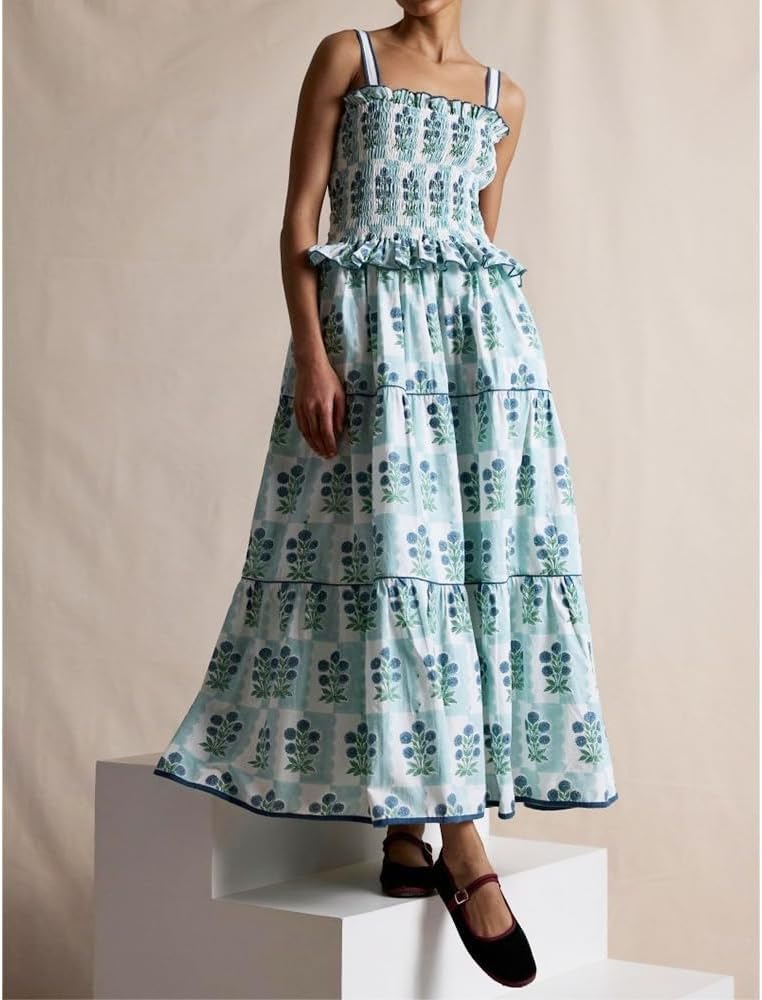 Women Floral Maxi Dress Sleeveless Smocked Ruffle Flowy Boho Sundress with Pockets Summer Vacation