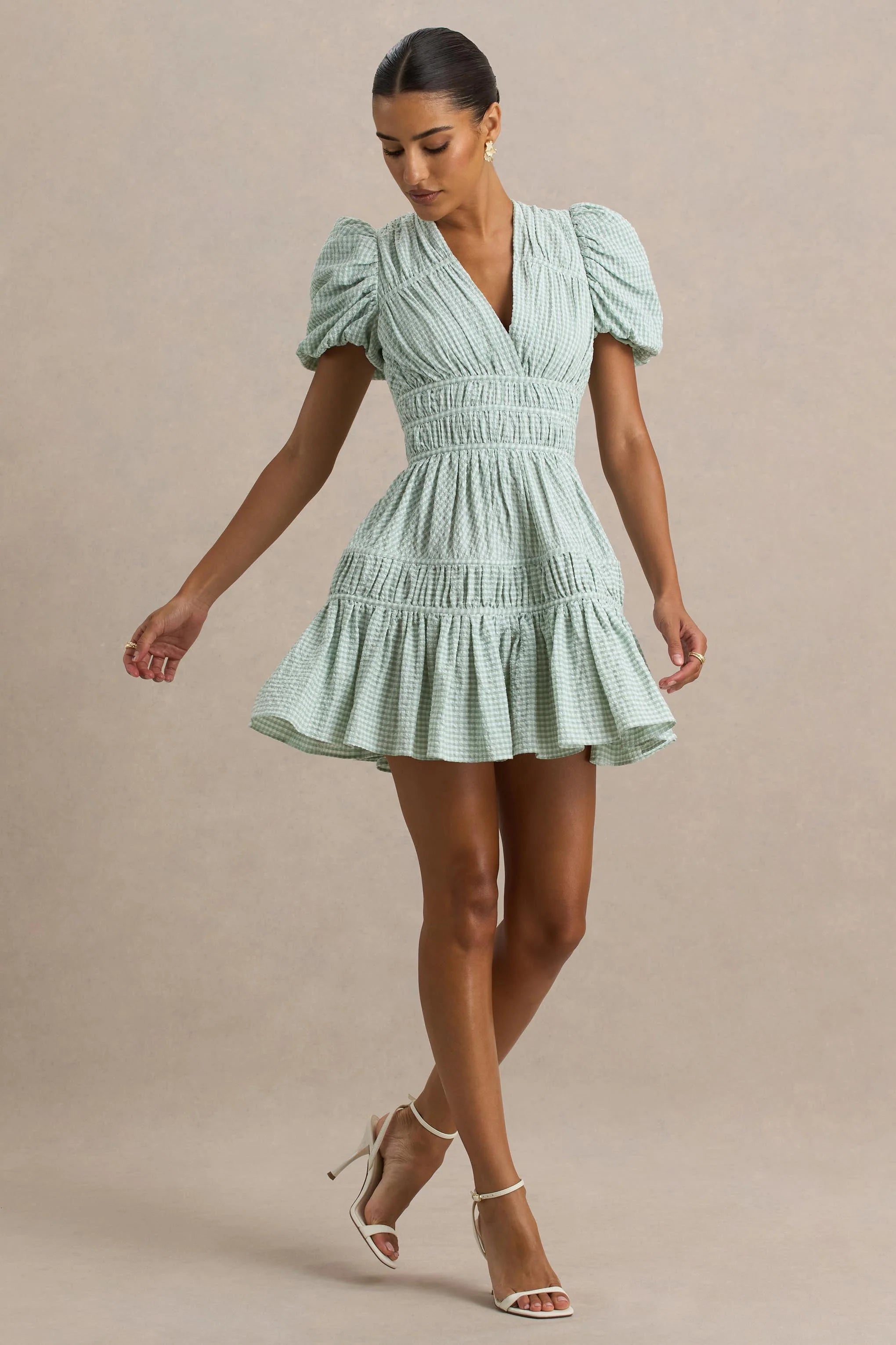 Laurelle Green Extreme Plunge Neck Mini Dress With Ruffling Detail