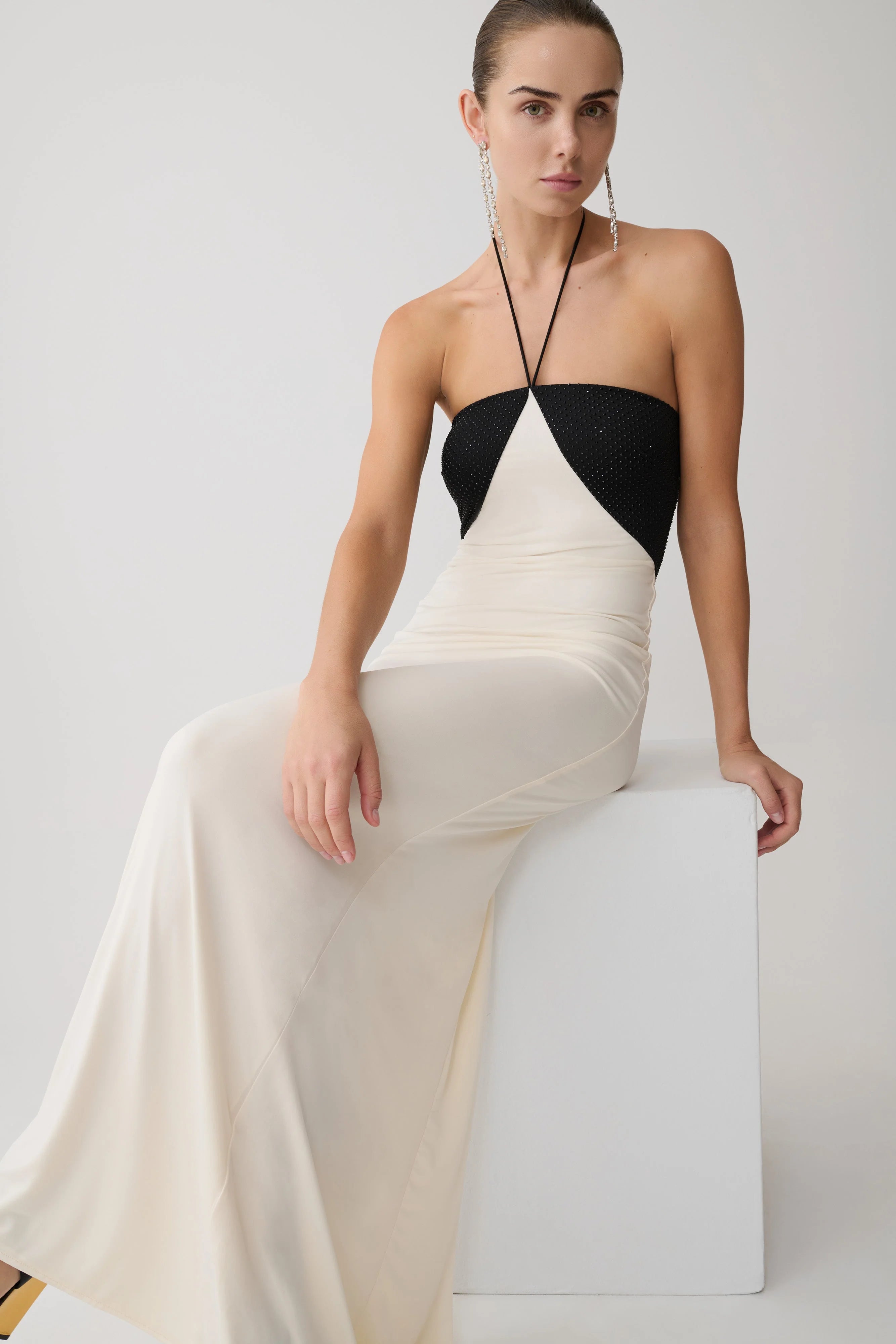 Hien Sequin Halter Maxi Dress Black Ivory
