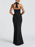Women Deep V Neck Ruched Maxi Dress Sleeveless Halter Gown Cocktail Evening Formal Dresses