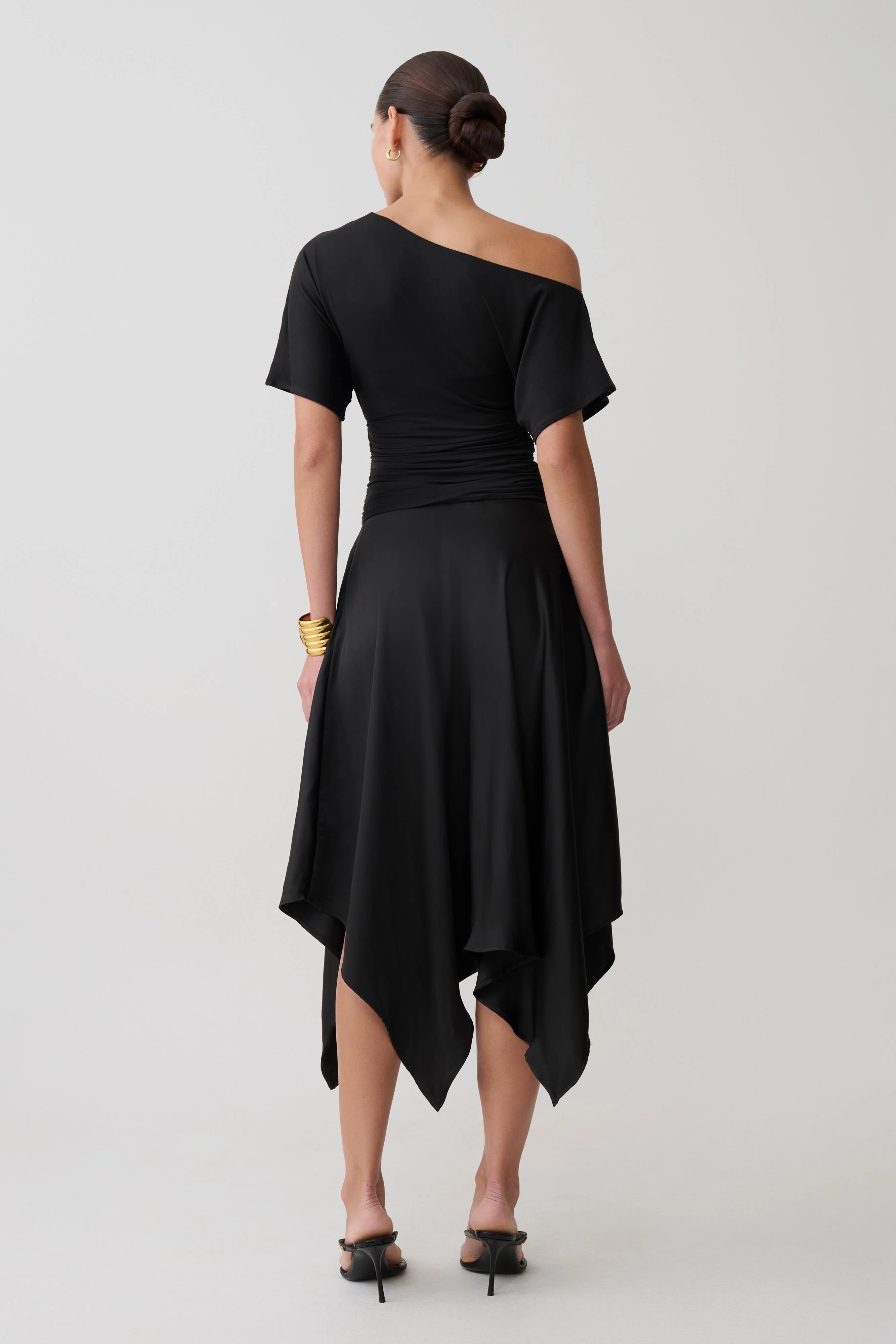 Coralie Asymmetric Satin Midi Skirt Black