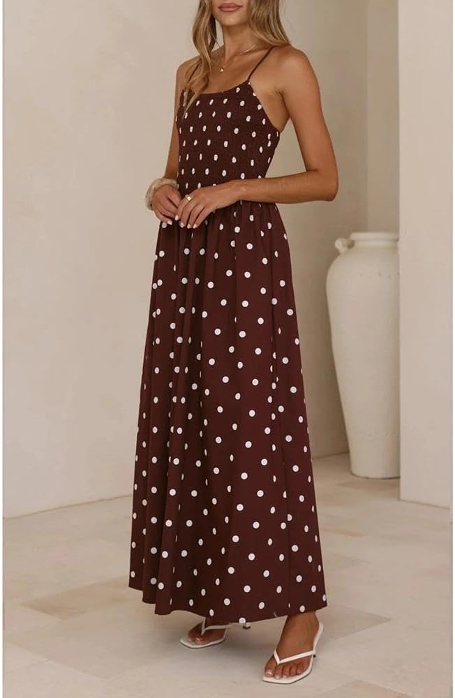 Women Polka Dot Maxi Dress Smocked Spaghetti Strap Flowy Sundress Summer Beach Vacation