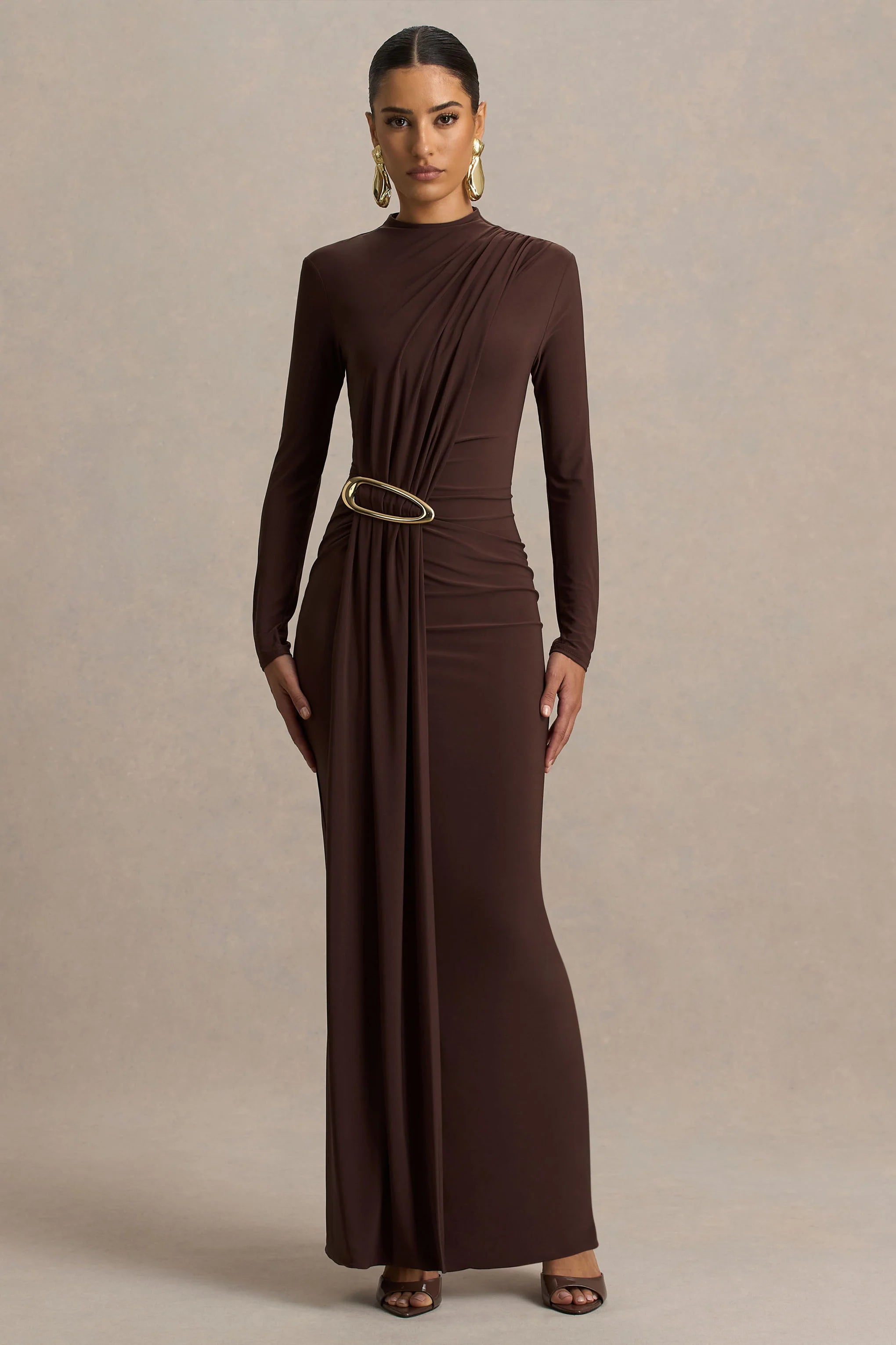 Zadie Brown High Neck Maxi Dress With Gathered Detail