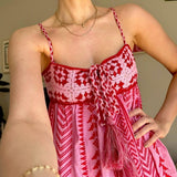 Women Boho Maxi Dress Crochet Patchwork Sleeveless Long Flowy Swing Dress Pink Beach Sundresses