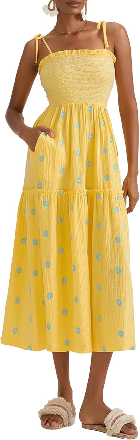 Women Floral Embroidered Maxi Dress Sleeveless Tie Shoulder Smocked Flowy Dress Boho Summer Sundresses with Pockets
