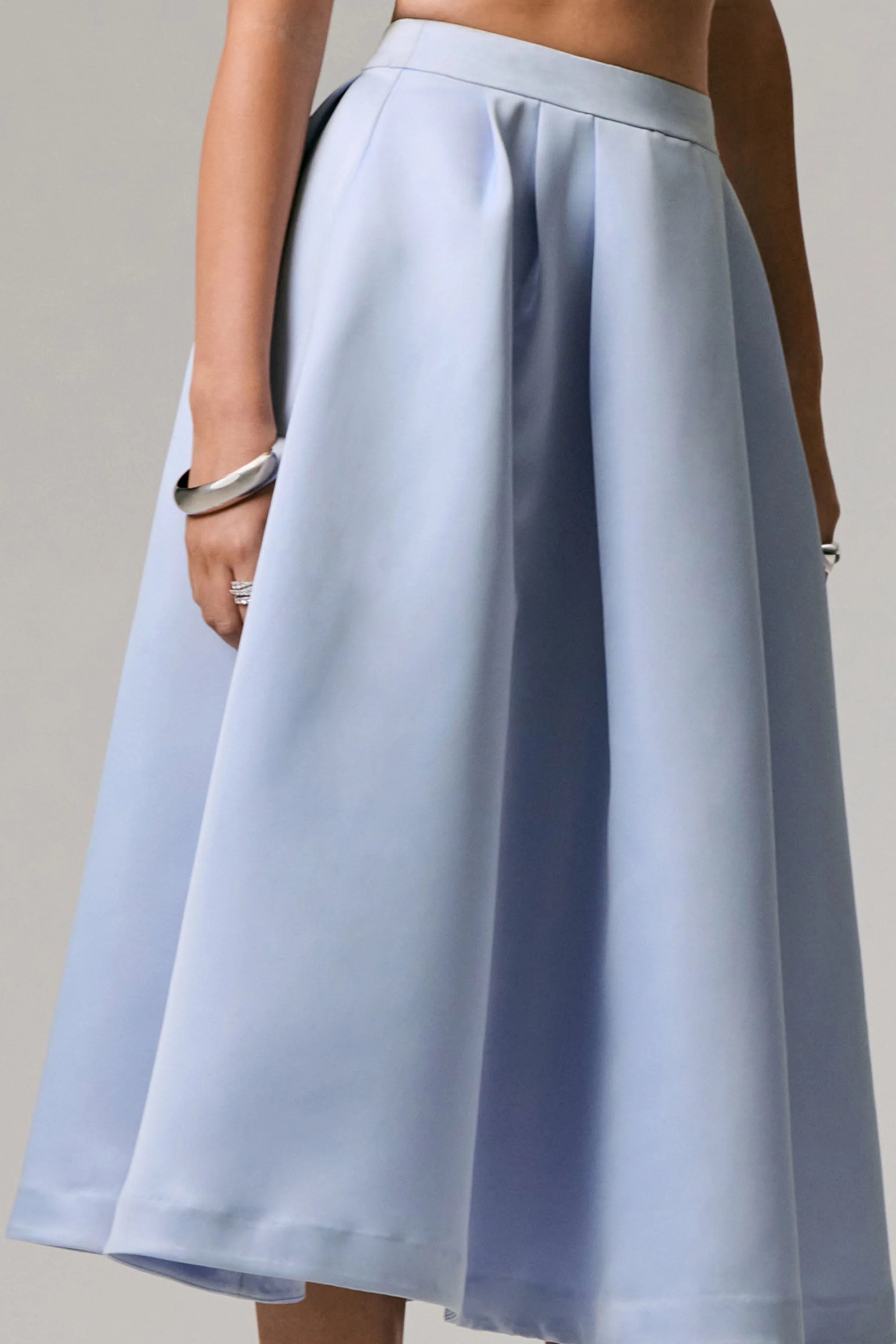 Iris Blue Satin Pleated Midi Skirt