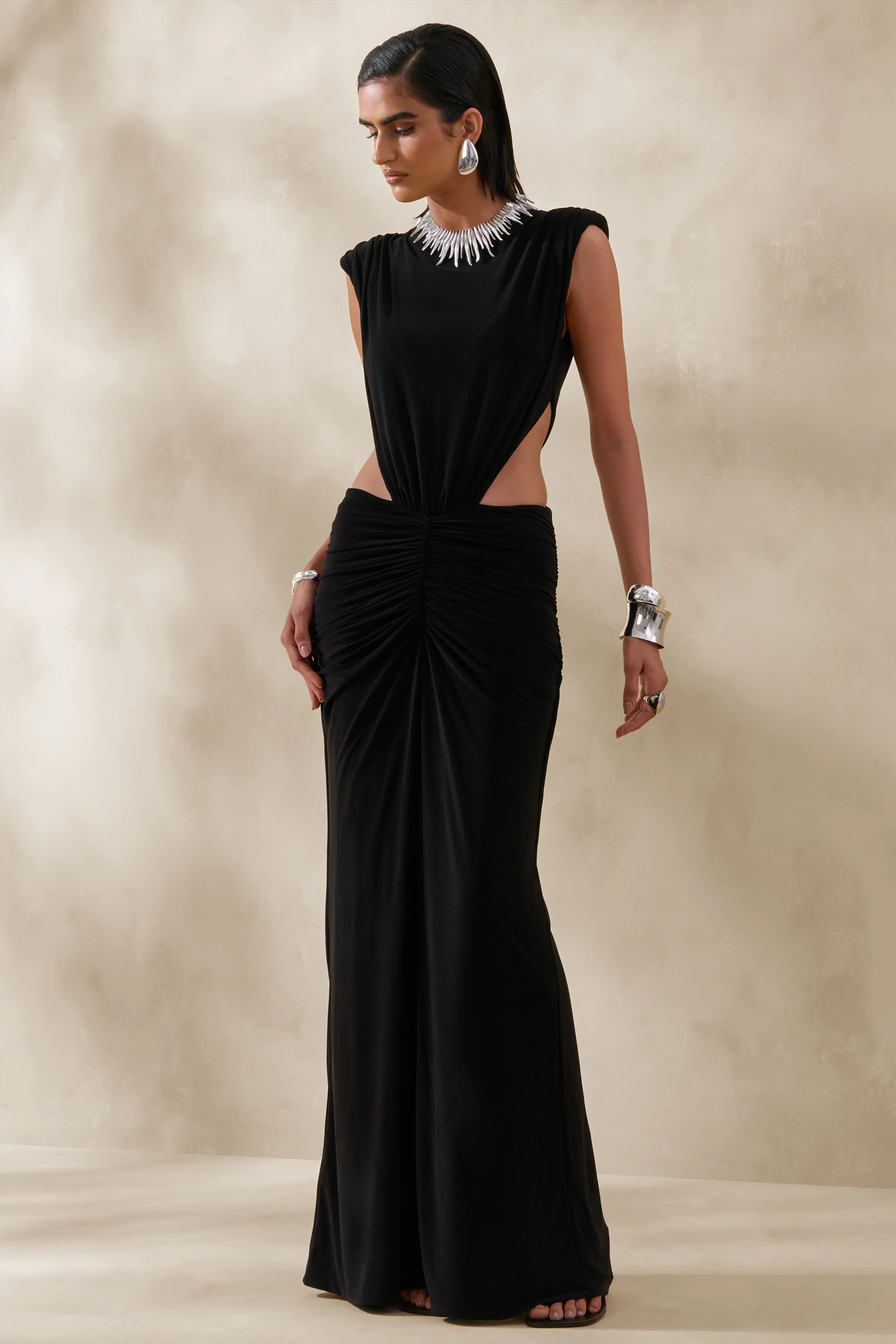Imelda Black Boat Neck Maxi Dress With Body Cut Out Details