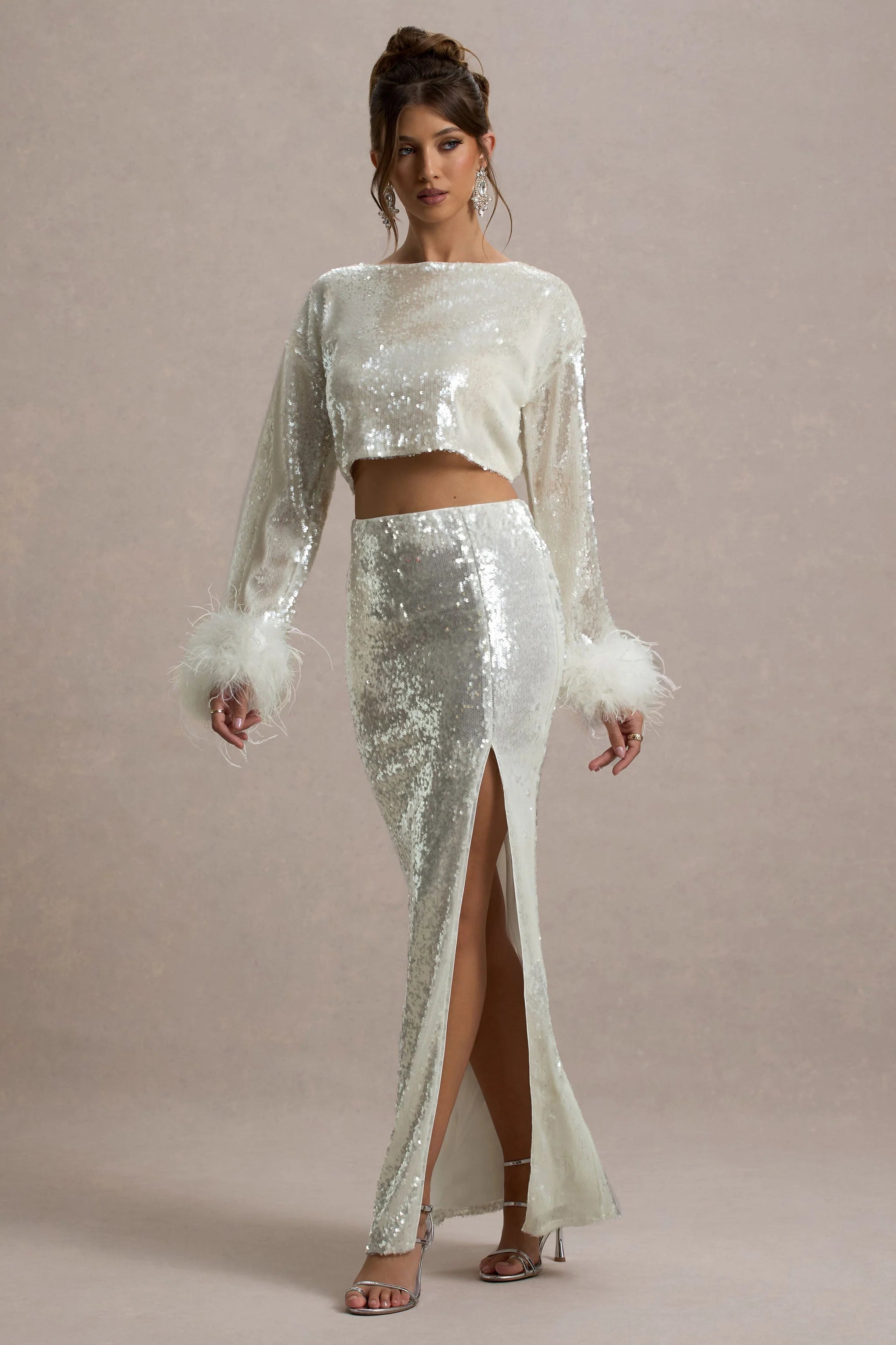 Solita Sand Sequin Long Sleeve Crop Top With Feather Trim
