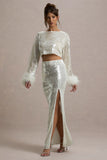 Solita Sand Sequin Long Sleeve Crop Top With Feather Trim