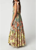 Women Floral Maxi Dress Tie Shoulder Patchwork Smocked Flowy Boho Dress with Pockets Summer Vacation Sundress