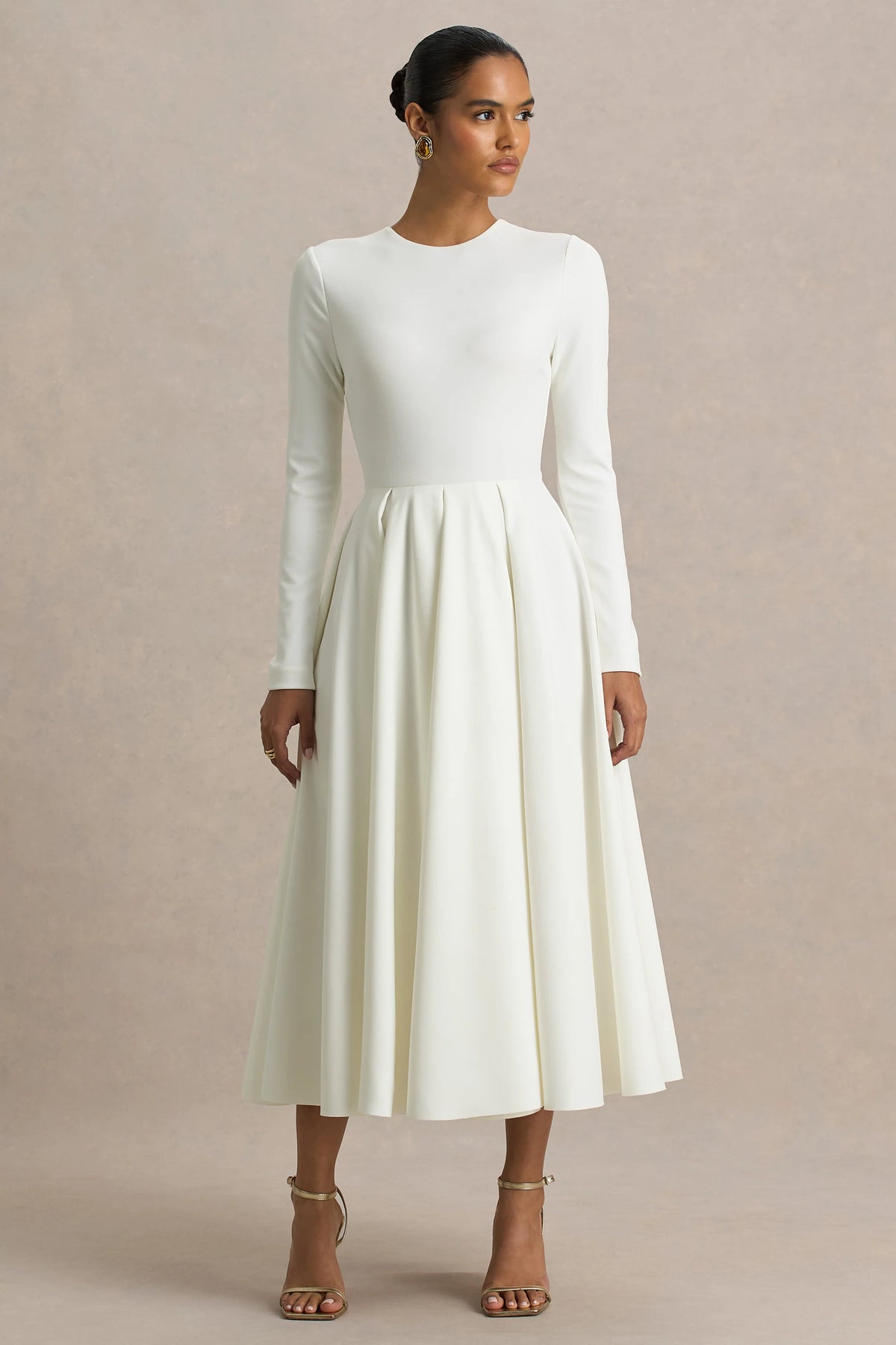 Bellamy Cream Crew Neck Long Sleeve Midi Dress