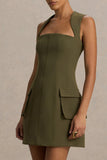 Mollie Khaki Square Neck Tailored Micro Mini Dress