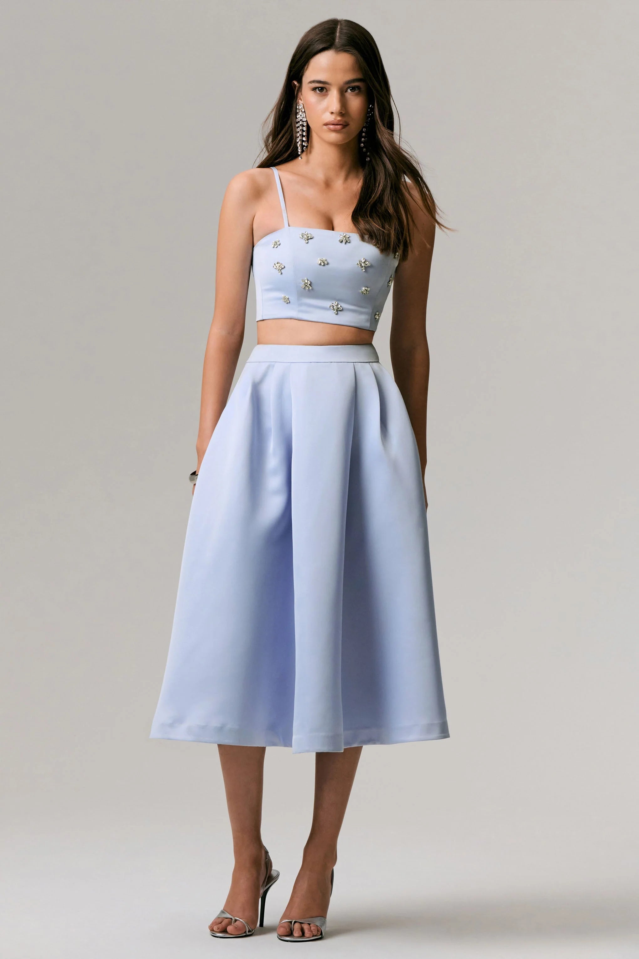Iris Blue Satin Pleated Midi Skirt