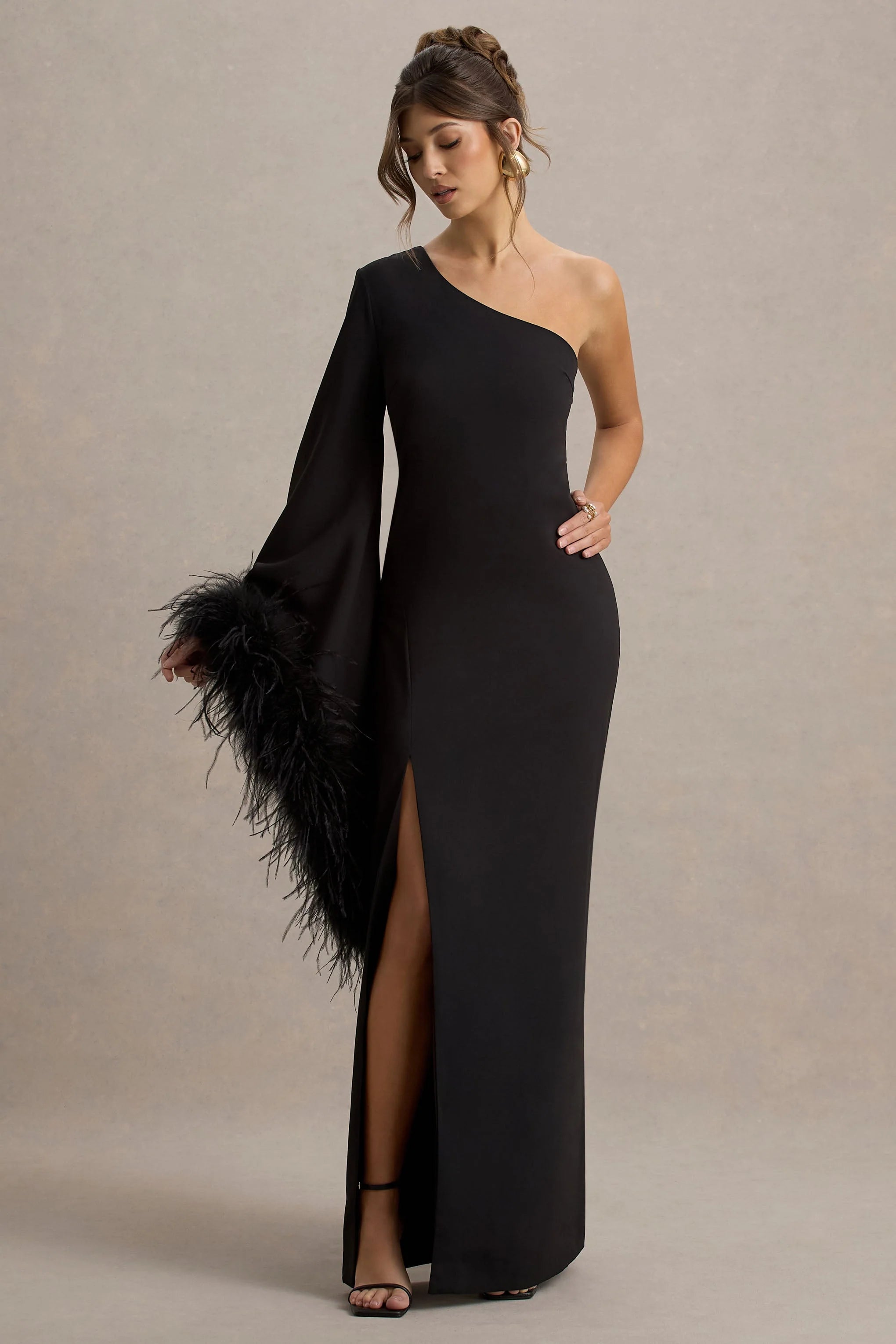 Armina Black One Shoulder Feather Trim Maxi Dress
