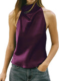 Women Halter Top Cowl Neck Backless Satin Silk Tank Tops Elegant Going Out Clubwear
