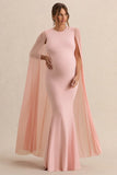 Currant Pink Crew Neck Maternity Maxi Dress With Cape