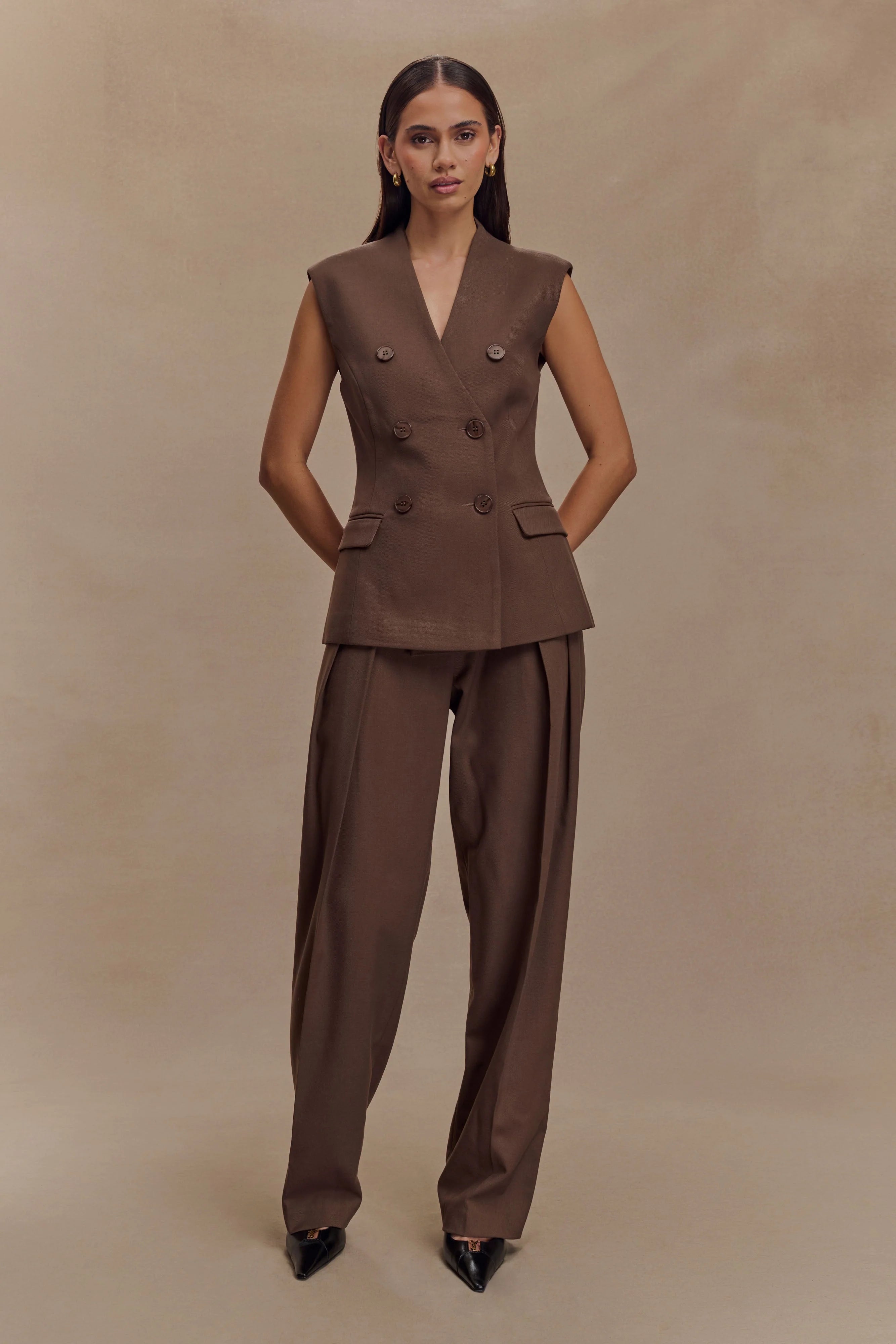 Penelope Pleated High Waisted Pants Chocolate