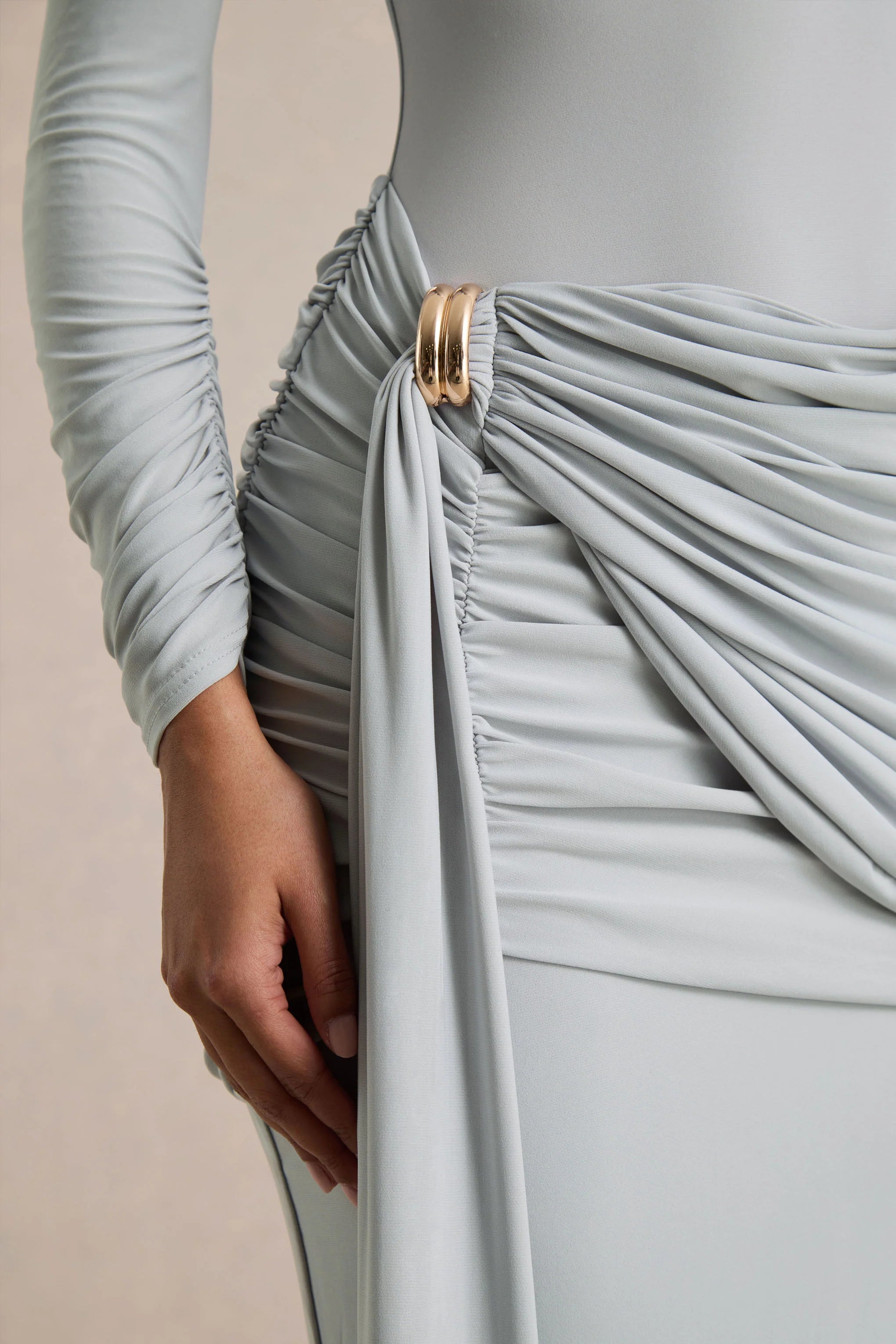 Melissa Blue Long Sleeve Wrap Maxi Dress With Draped Detailing