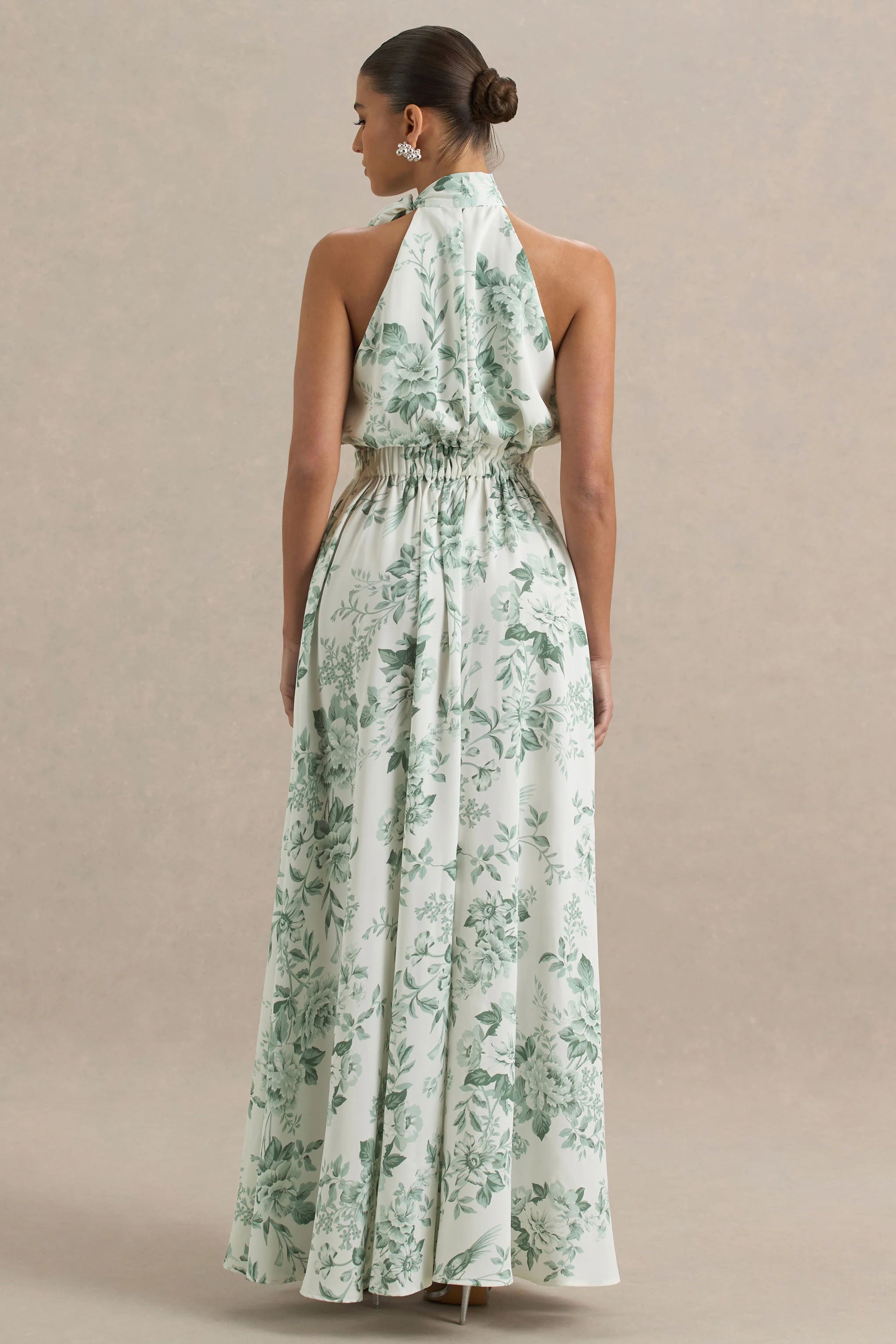 Talia Green Floral Print High Neck Maxi Dress With Front High Split