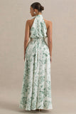 Talia Green Floral Print High Neck Maxi Dress With Front High Split