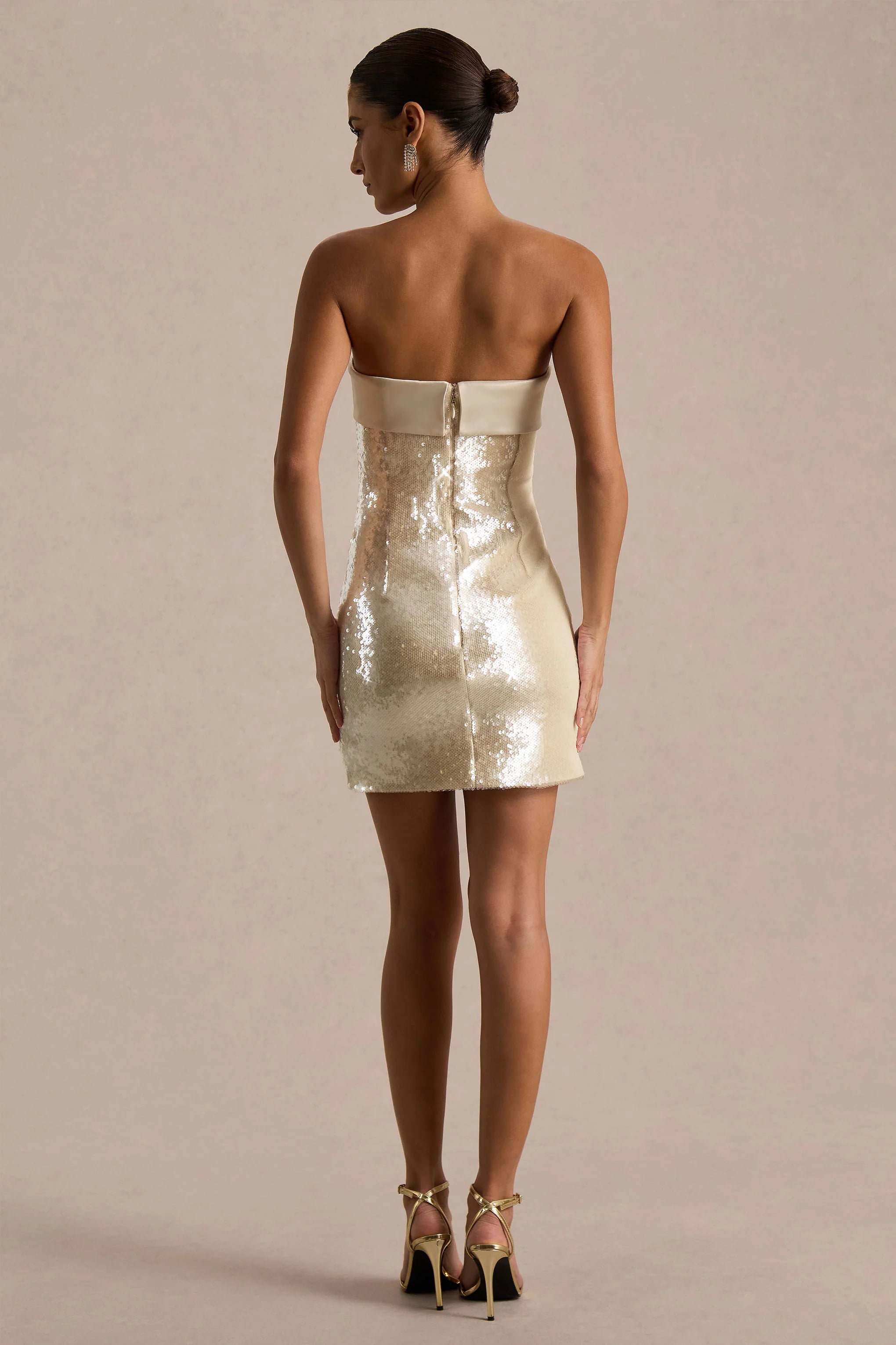 Casandra Champagne Sequin Bandeau Mini Dress With Satin Trim