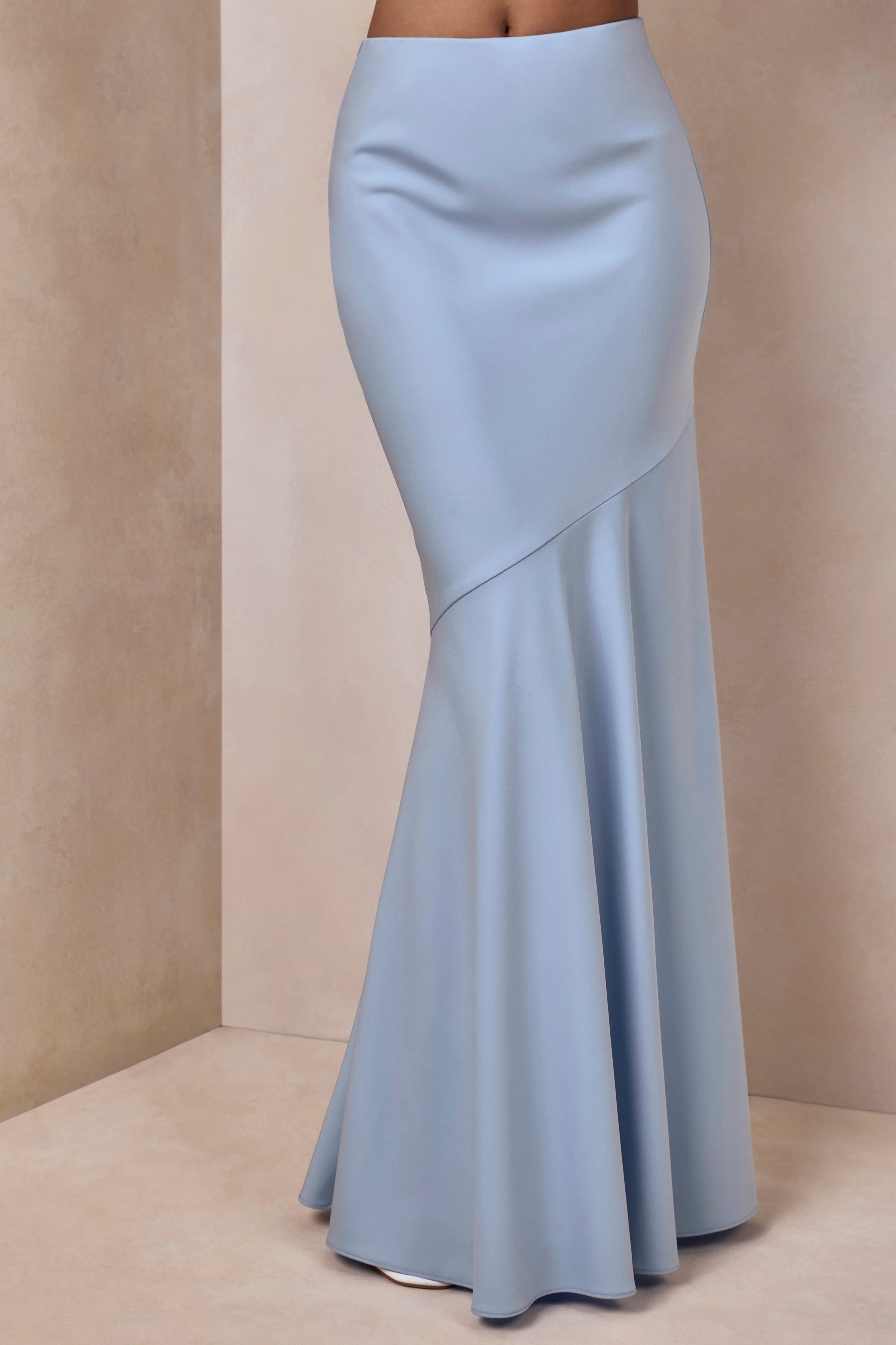 Vayla Powder Blue Matte Satin Asymmetric Drop Waist Maxi Skirt
